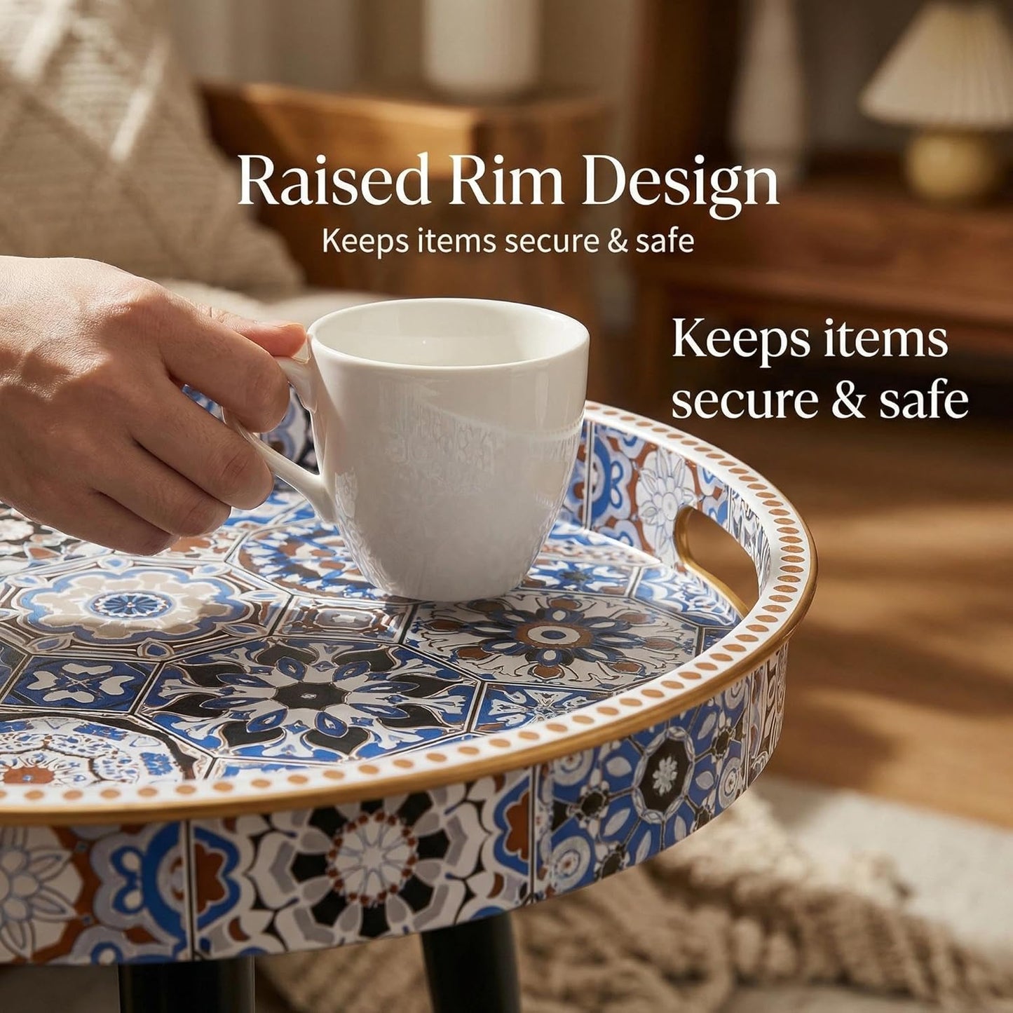 Zosenley Small Round Side Table - 13" Blue Boho Geometric End Table with Vintage Pattern Tray - Unique Artistic Accent Nightstand with Moisture-Resistant Wrapped Legs for Living Room Bedroom