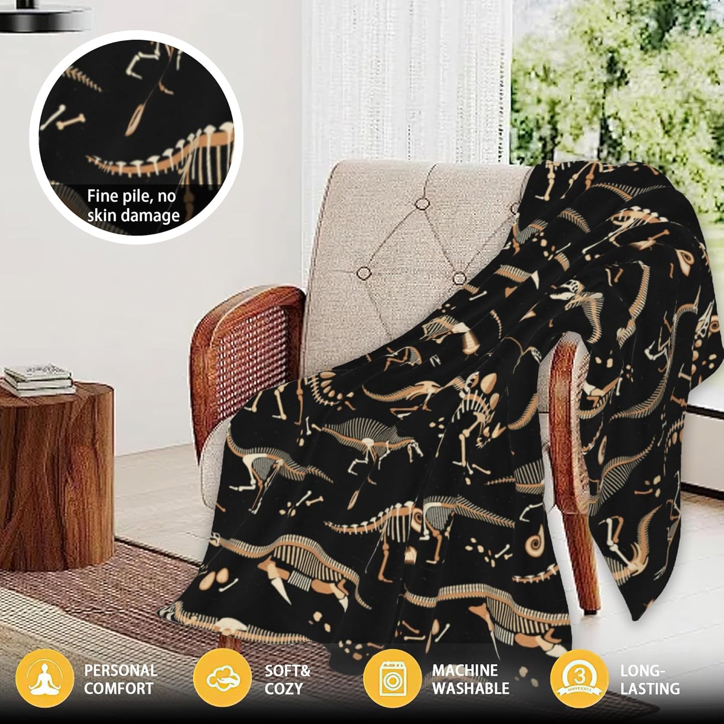 Dinosaur Fossil Skeleton Throw Blanket Soft Warm Cozy Lightweight Flannel Blanket for Bedding Sofa Travel 50"X60"