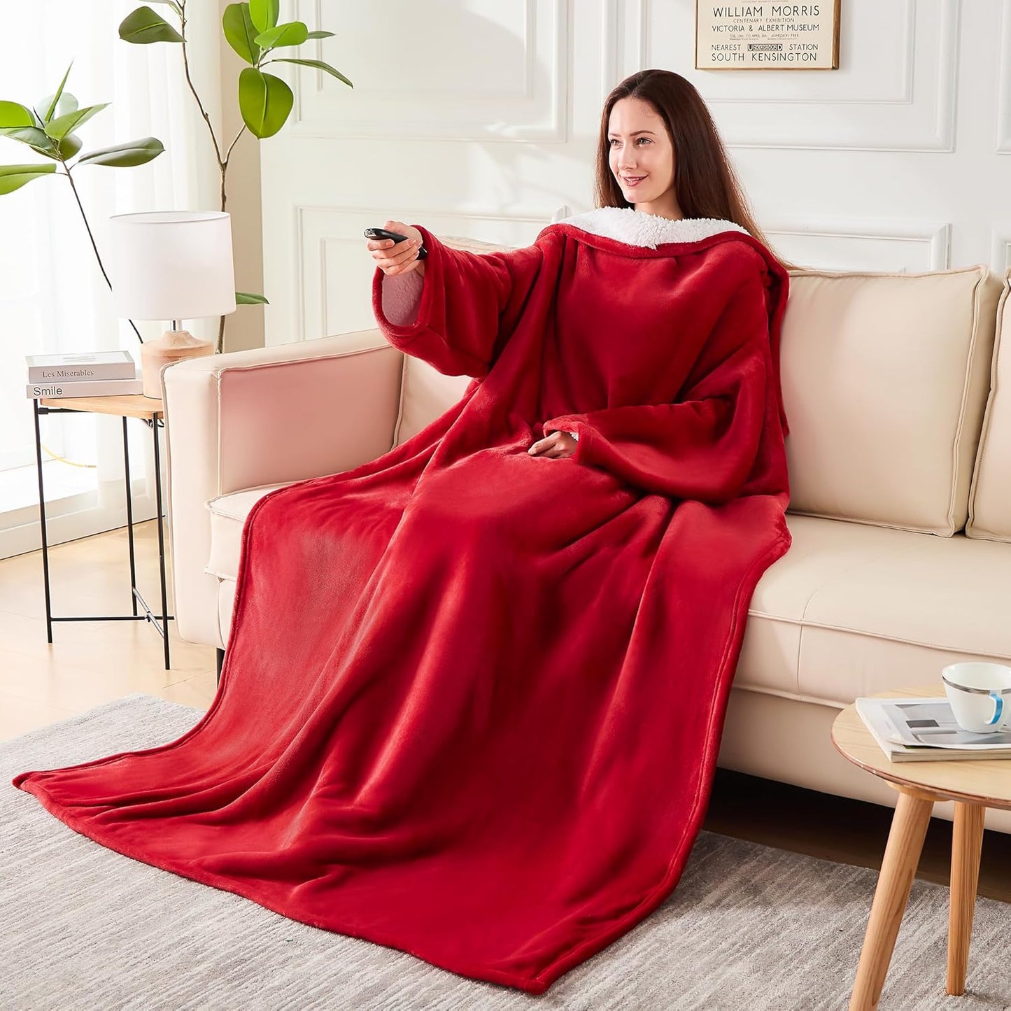 Wearable Blanket with Sleeves, Cozy Wearable Blanket with Arms and Pockets for Women Men, Warm TV Wrap Throw Blanket Robe as Gifts for Mom Wife, Wine