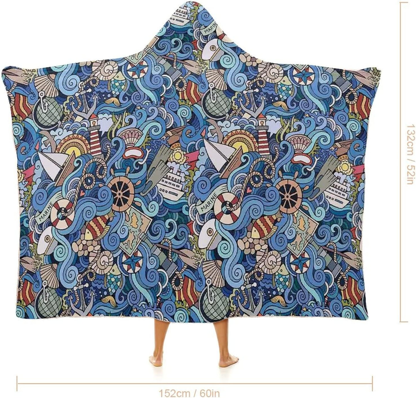 Throw Blankets, Nautical Decor Women Men Hooded Blanket, Abstract Pattern Sea Shells Sea Horse, Soft Warm Cozy, 50 x 60inches, Studying Reading Snuggling Napping Office, Multicolor