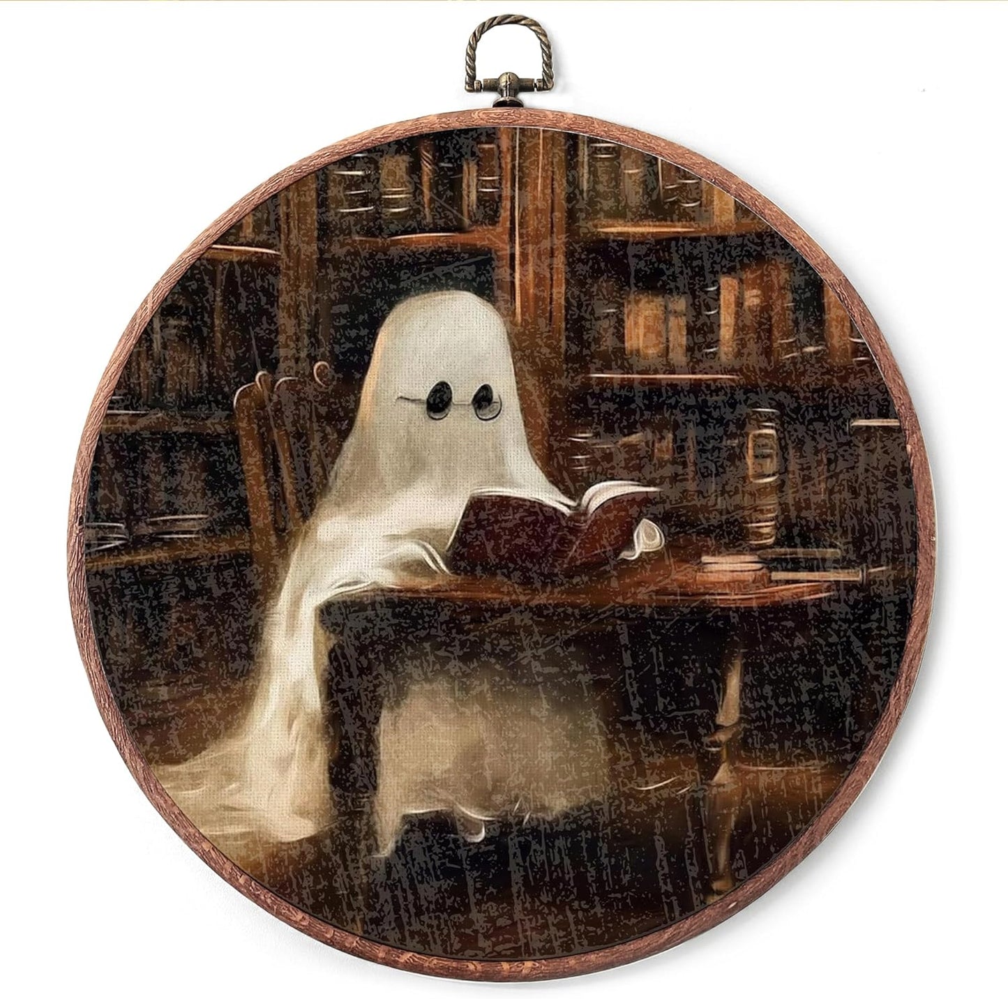 Rustic Round Canvas Art Decor - 10"x10" Ghosts Read Book Canvas Prints Frame - Halloween Vintage Hanging Wall Art Decor for Home Office Living Room - Aesthetics Gift for Women Men Friends - A08