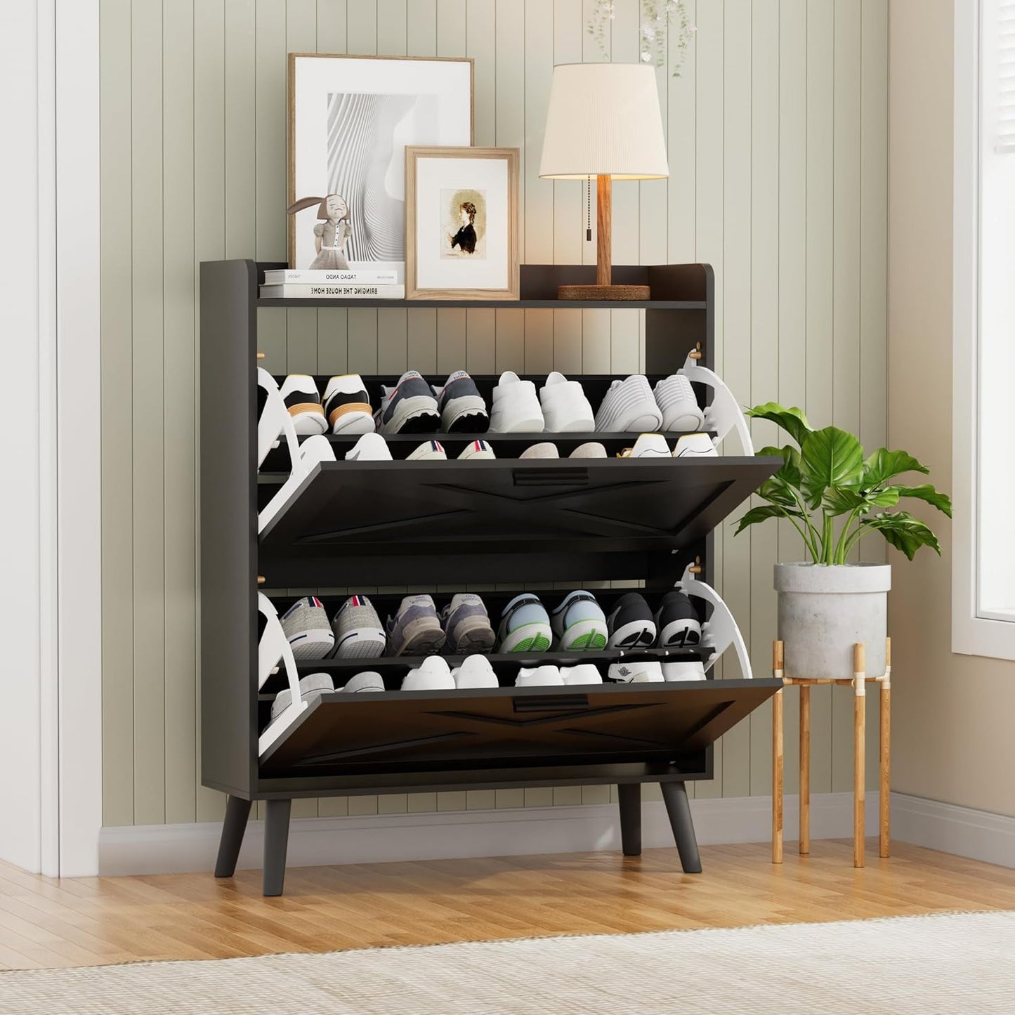 32" W Farmhouse Shoe Storage Cabinet with 2 Flip Drawers and Barn Door Design, Adjustable Shelves, Modern Hidden Slim Narrow Shoe Rack Cabinet for Entryway, Foyer, Hallway, Living Room, Black