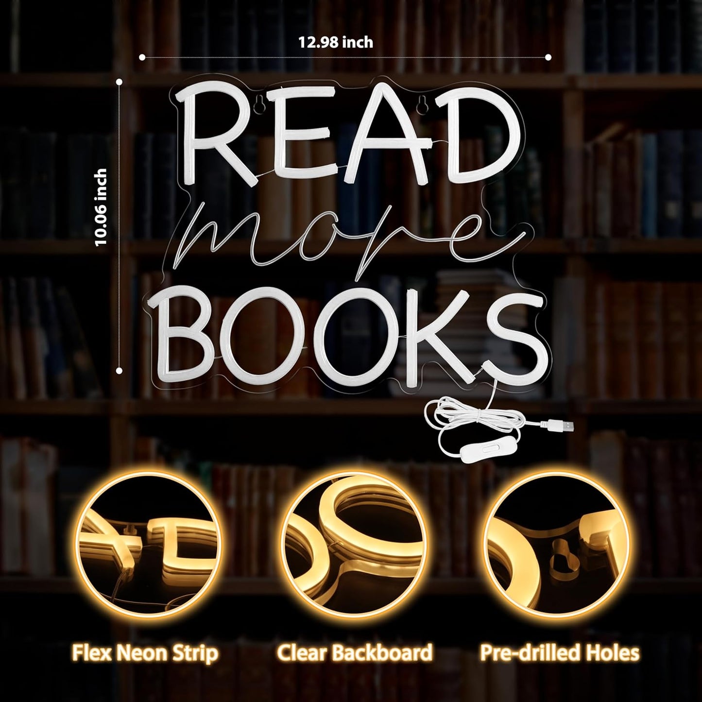 Kavaas Read More Books Neon Sign Reading Corner LED Light Neon Signs for Library Classroom Book Club Wall Decor -Best Back to School Gifts for Teens Kids