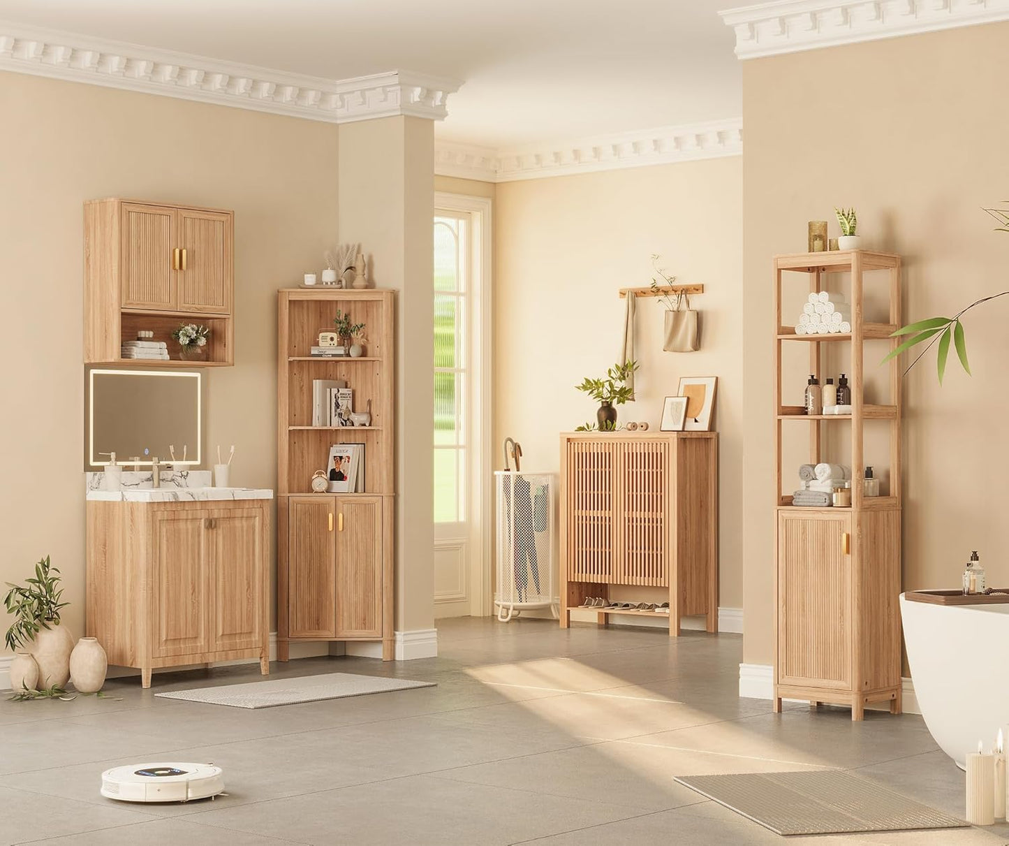 Bathroom Wall Storage Cabinet, Medicine Cabinet with Adjustable Wood Shelf & Doors, Over The Toilet Storage Cabinet for Laundry Room & Living Room Kitchen Storage Islands (Natural Oak)