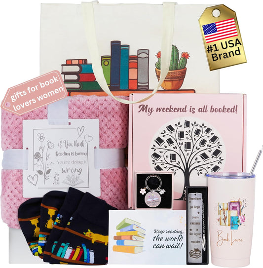 Luxury Book Lover Gifts for Women Readers - 8pc Bookish Gift with Premium Blanket & Shatterproof Steel Tumbler, Librarian Bookworm & Book Club Theme Birthday Present, Mother's Day Reading Gifts