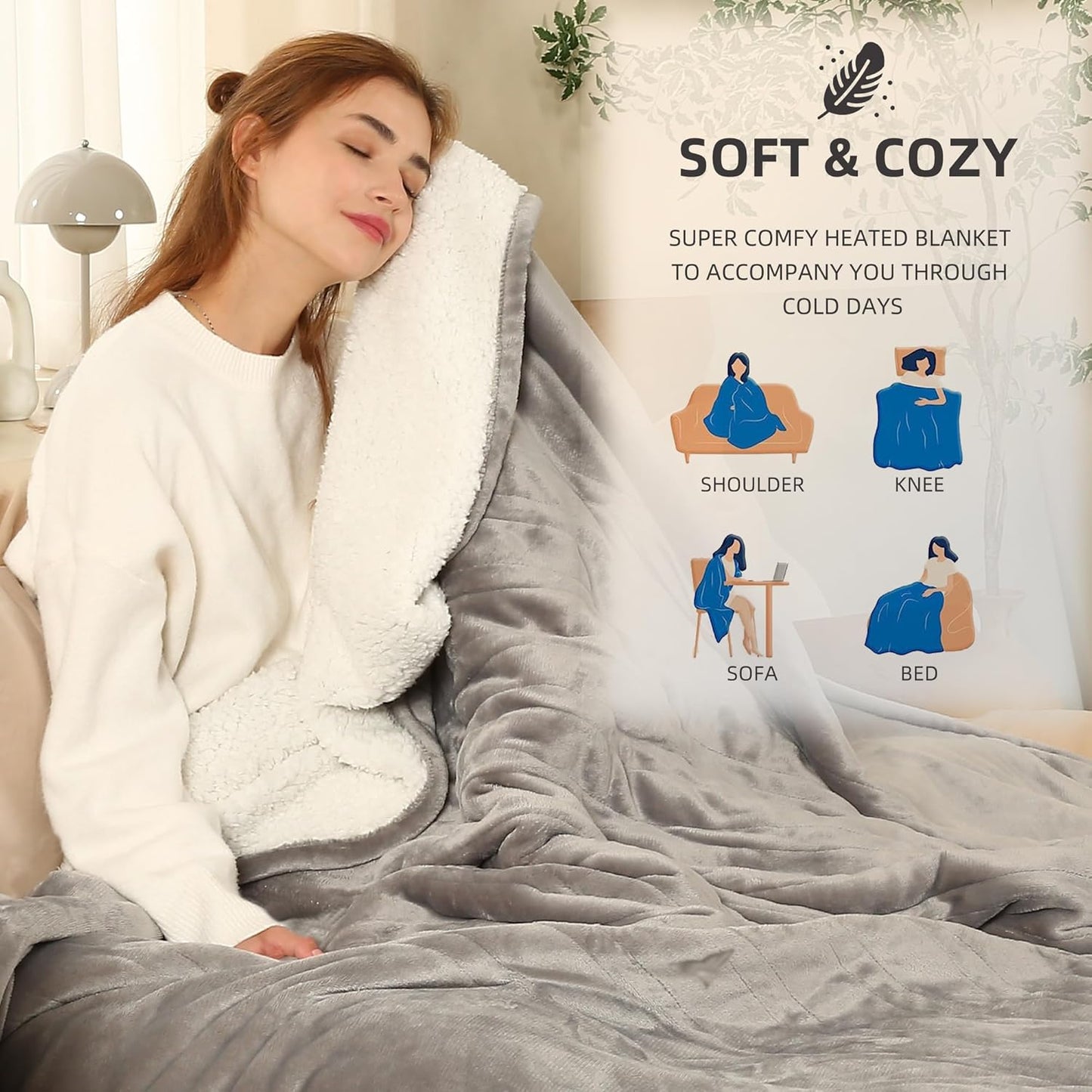 ESTINGO Heated Throw Blanket Electric Blanket Throw, Heated Blanket with 5 Heating Levels & 4 Hours Auto Off, Super Cozy Soft Sherpa Heating Blanket with Fast Heating for Bedding, 50"x60", Light Gray