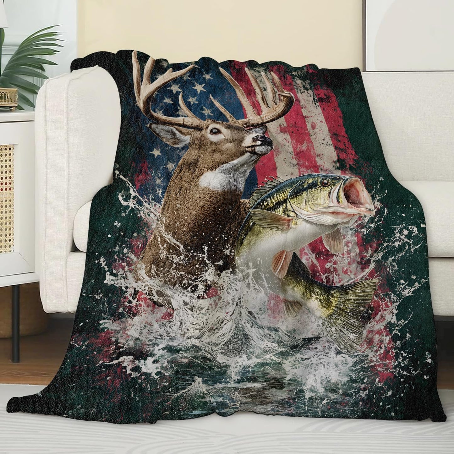 Retro Deer Flannel Blanket, Soft Cozy Throw with Realistic Wildlife Fish, Lightweight Blankets for All Seasons, Patriotic American Flag Home Sofa Decor and Gifts for Men Veterans, 50x60 Inch