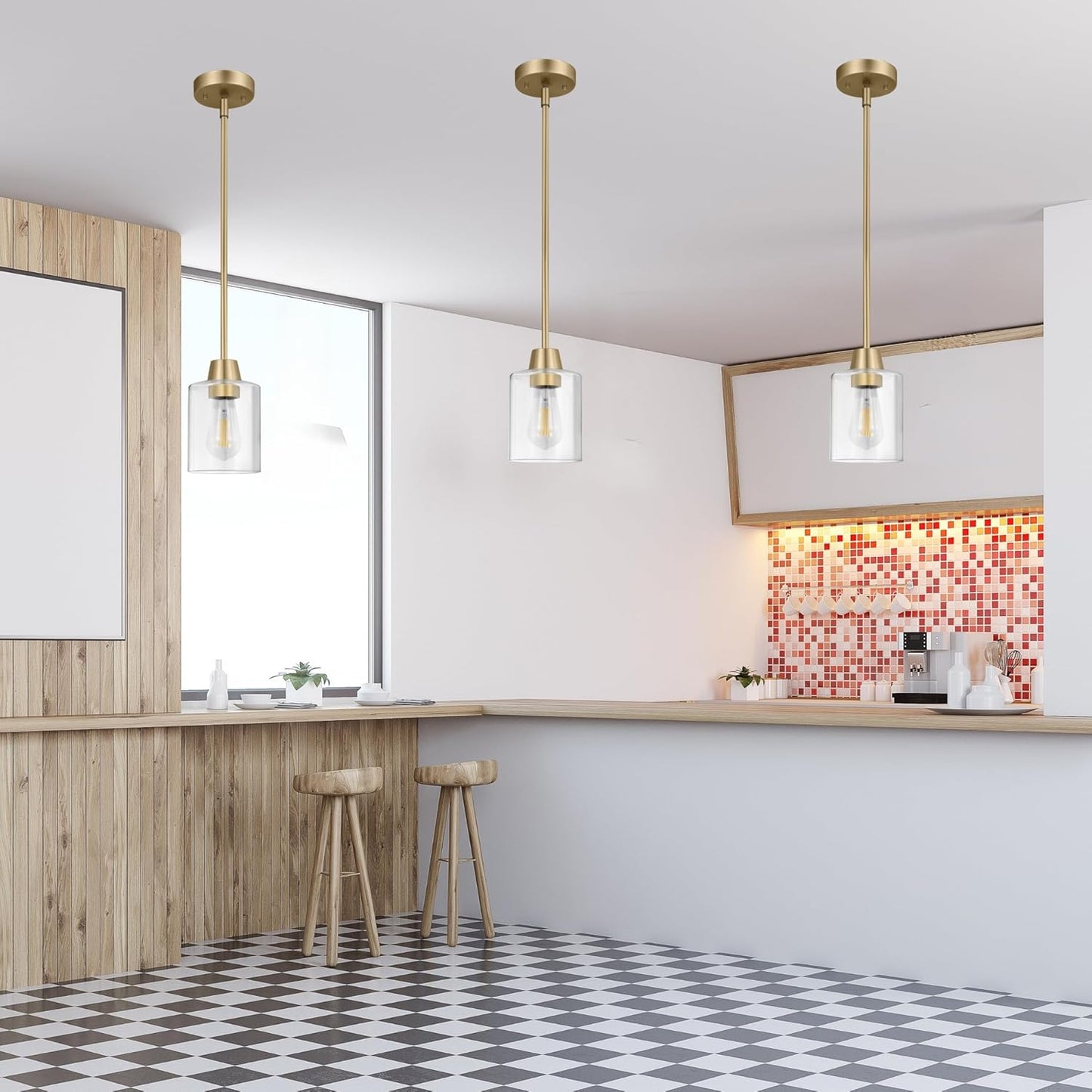 3 Pack 1 Light Brass Pendant Lights Kitchen Island, Gold Modern Chandelier Clear Glass Shade, Adjustable Multiple Stems Rods Hanging Farmhouse E26 Socket Light for Dining Room Bedroom Bar