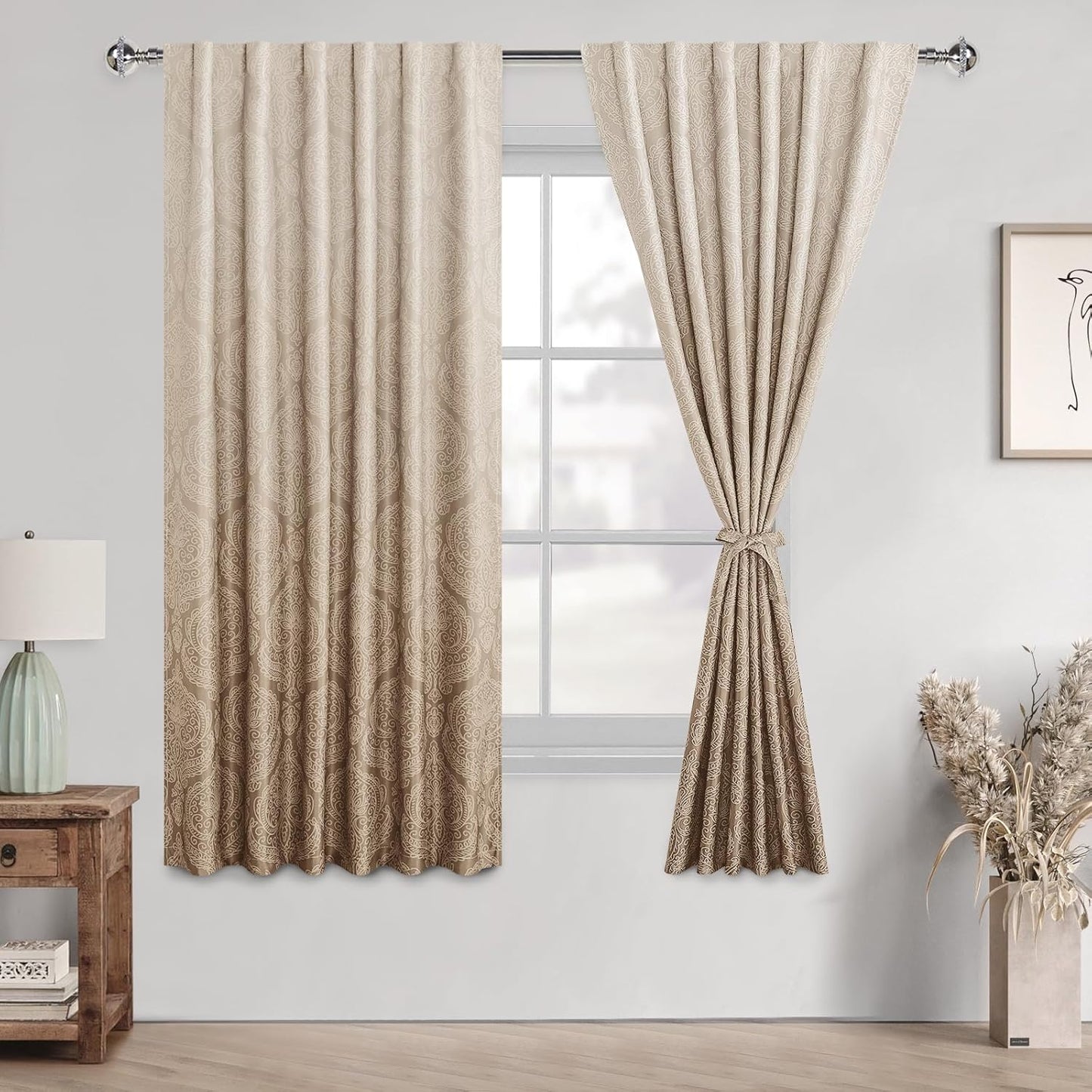 DWCN Damask Patterned Curtains 63 inches Length - Back Tab/Rod Pocket Room Darkening Window Drapes with Tiebacks Thermal Insulted Ombre Blackout Curtains for Bedroom, 2 Panels, W52 x L 63, Taupe