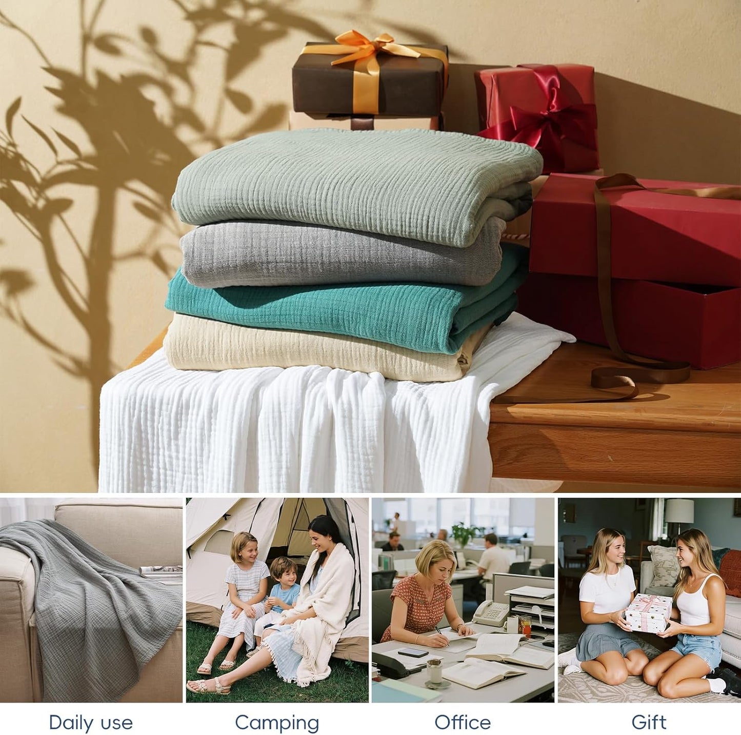 David's Home Pre-Washed 100% Cotton Muslin Throw Blanket, 4-Layer Soft Throw for Bed Couch, Breathable & Lightweight Blankets for Adults Hot Sleepers, Room Decor, Luxury Gift, Birch, 50 * 60"