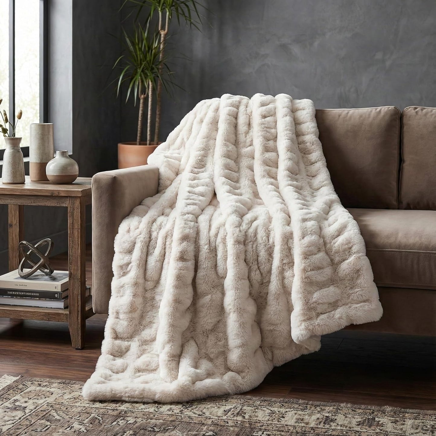 Luxury Concepts Soft Faux Rabbit Fur Throw Blanket - 50" x 60", Elegant Ruched Design Blanket, Machine Washable and Wrinkle Resistant, Lightweight Beige Throw Blanket for Couch, Sofa and Bed