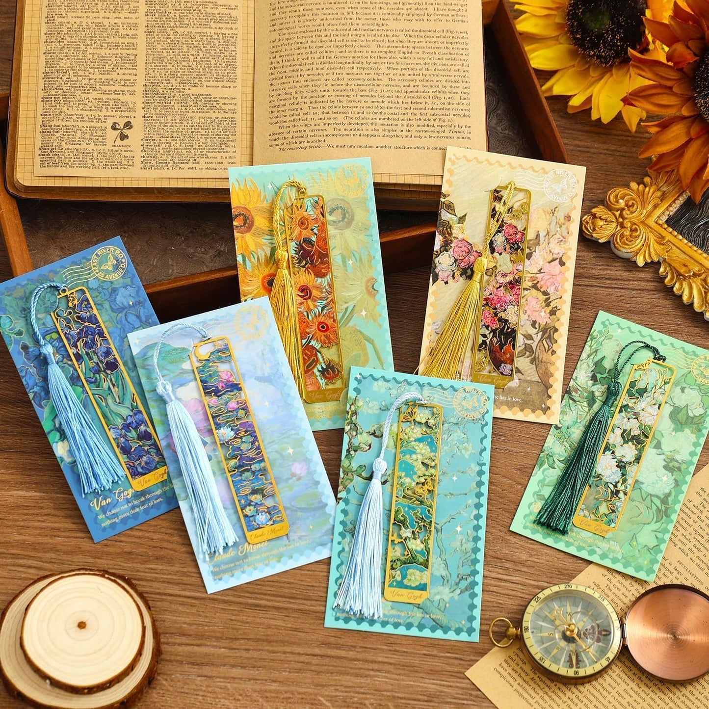 6 Pieces Metal Bookmarks with Tassel, Golden Hollow Bookmark Van Gogh and Claude Monet Oil Painting Theme Book Mark Bookmarks for Book Lovers Writers Readers Children Teens Men Women (6Pcs)