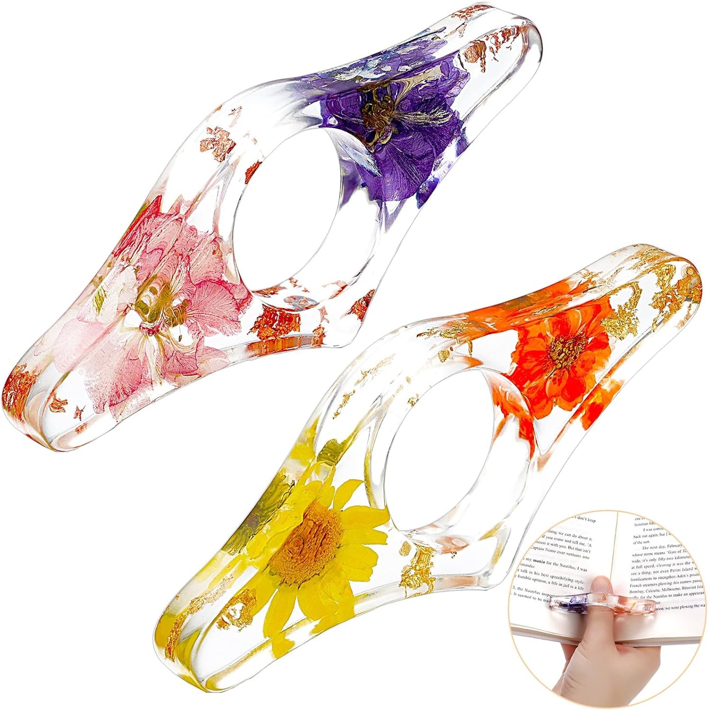 2 Pieces Dried Flower Resin Book Page Holder Transparent Thumb Ring Handmade Personalized Bookmark Reading Accessories for Teachers Book Lovers Literary (Stylish Style)