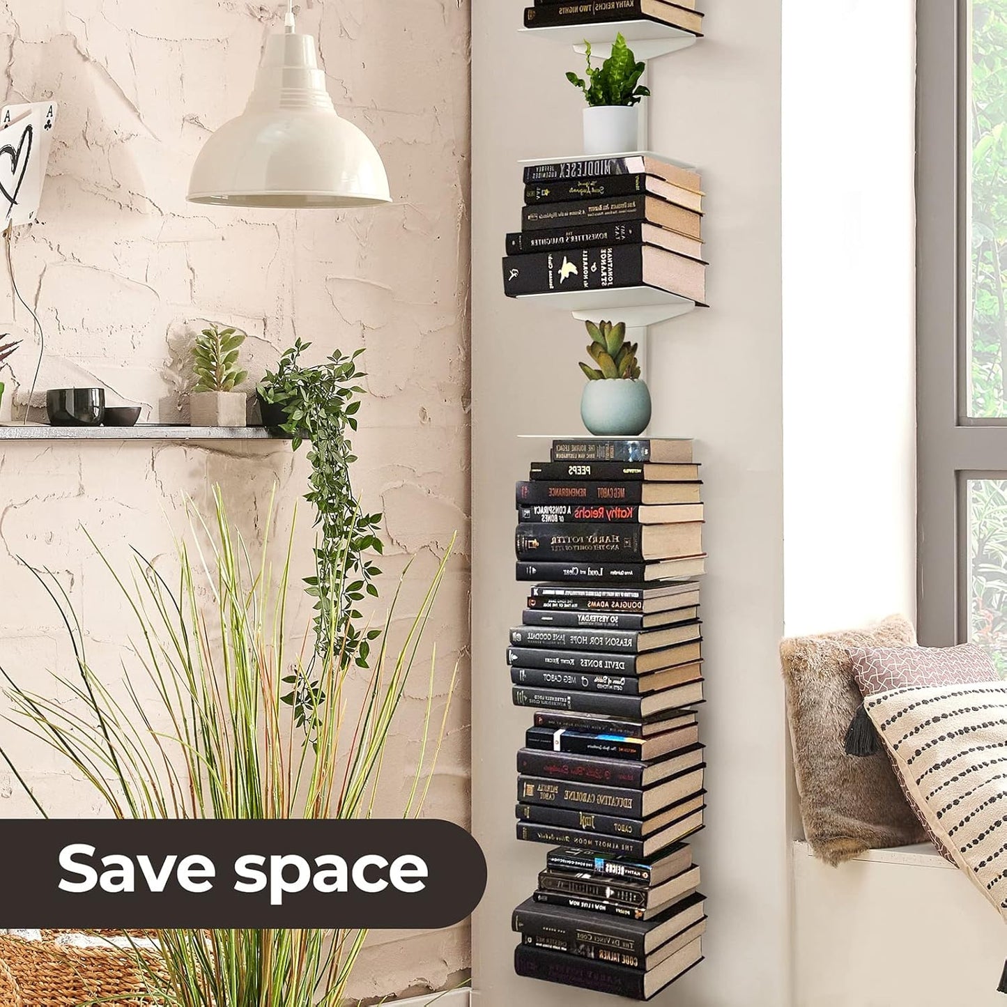Floating Book Shelves for Wall, 2 Tier Invisible Floating Bookshelf, Vertical Spine Book Tower, Wall Mounted & Space Saving, Heavy Duty Metal Book Organizer for Home Office, 1 Pack White