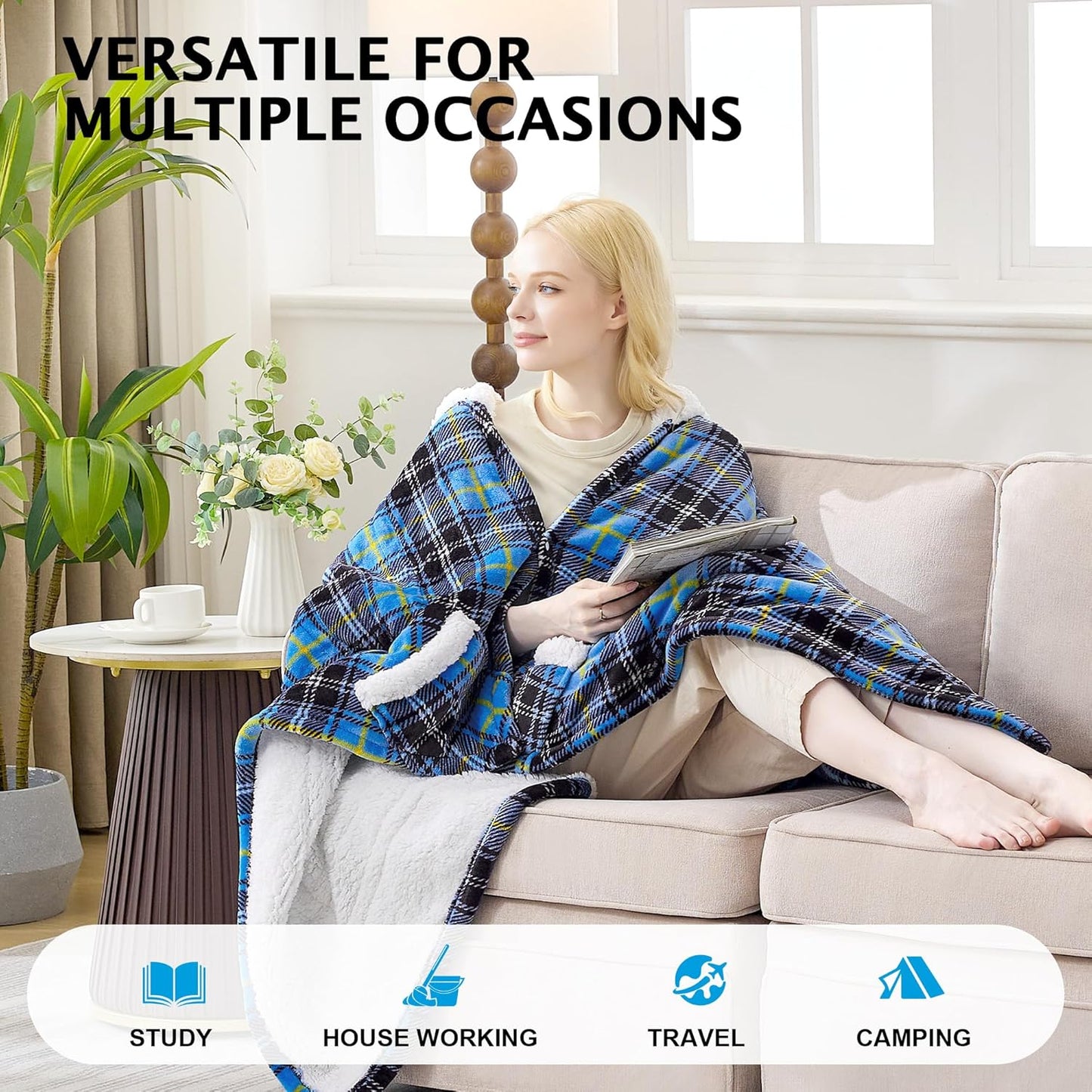 Electric Blanket Wearable Heated Shawl with Hood & Pockets – 6 Heat Settings, 4H Auto-Off, Flannel & Sherpa Reversible, Cozy Plaid Heated Throw Blanket for Home, Couch, or Gift, 40"x70", Blue