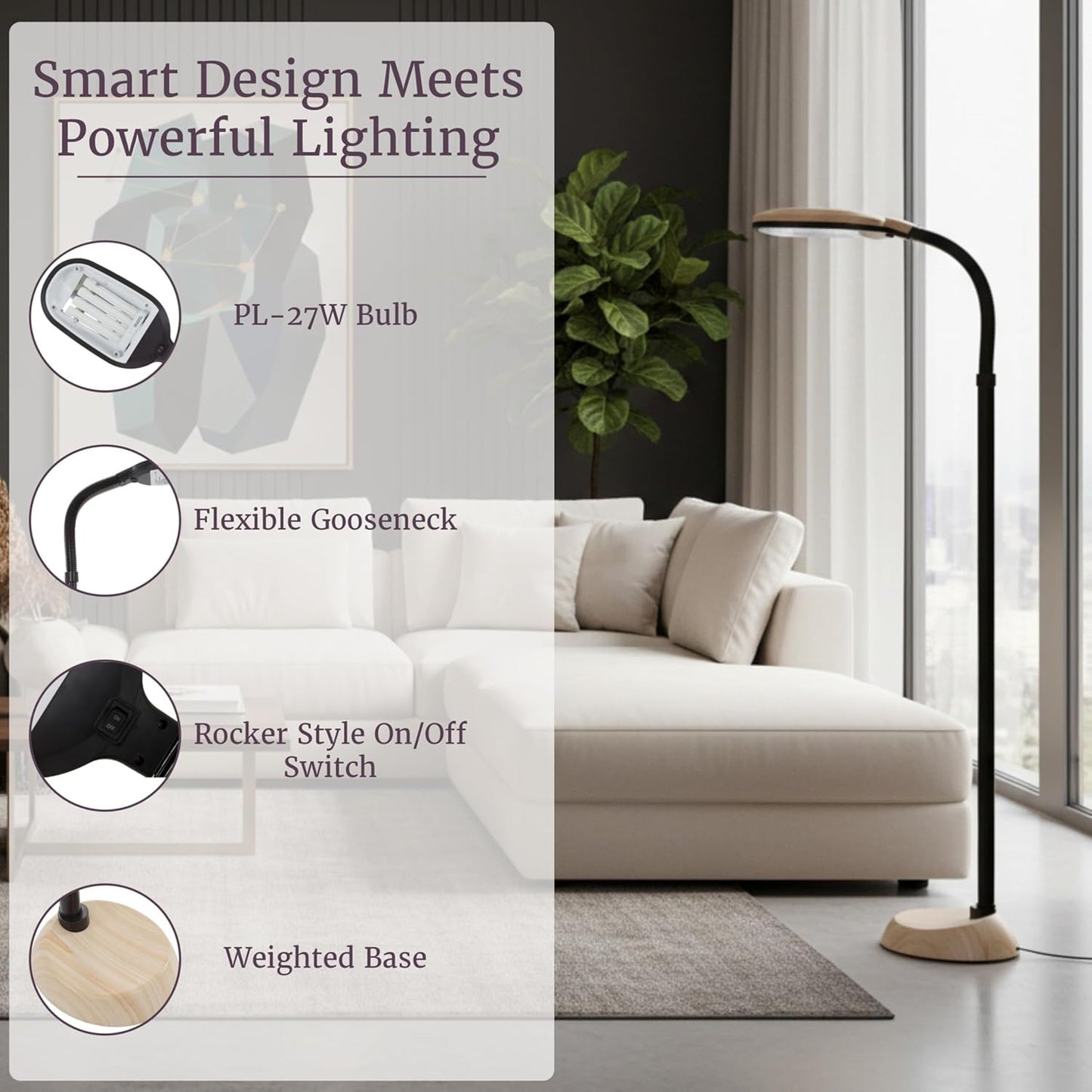 Lavish Home Adjustable Floor Lamp for Bedroom with Bendable Neck - Full Spectrum Natural Sunlight Lamp for Office and Living Room - Reading, Craft, and Esthetician Light (Light Woodgrain)