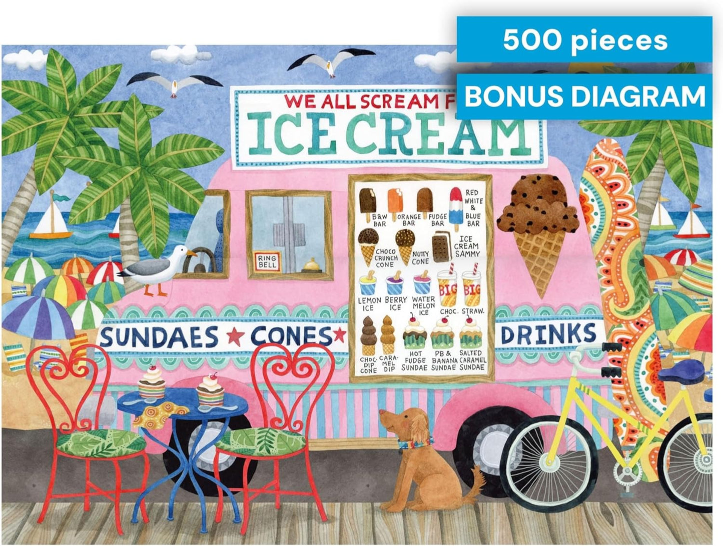 Ceaco- Food Trucks - Ice Cream Truck II - 500 Piece Jigsaw Puzzle for Adults and Families - Colorful Summer Beach Scene with Ice Cream Stand - Finished Size 19 x 19 - Made in The USA
