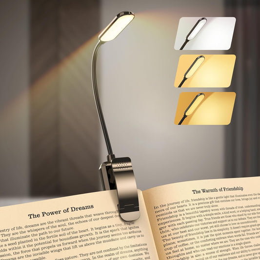 Rechargeable 20 LED Book Light for Reading in Bed, Eye Caring 3 Color Temperatures, Adjustable Brightness, Durable & Lightweight ABS Design, Clip On Reading Lamp for Study/Travel,Gifts for Adults