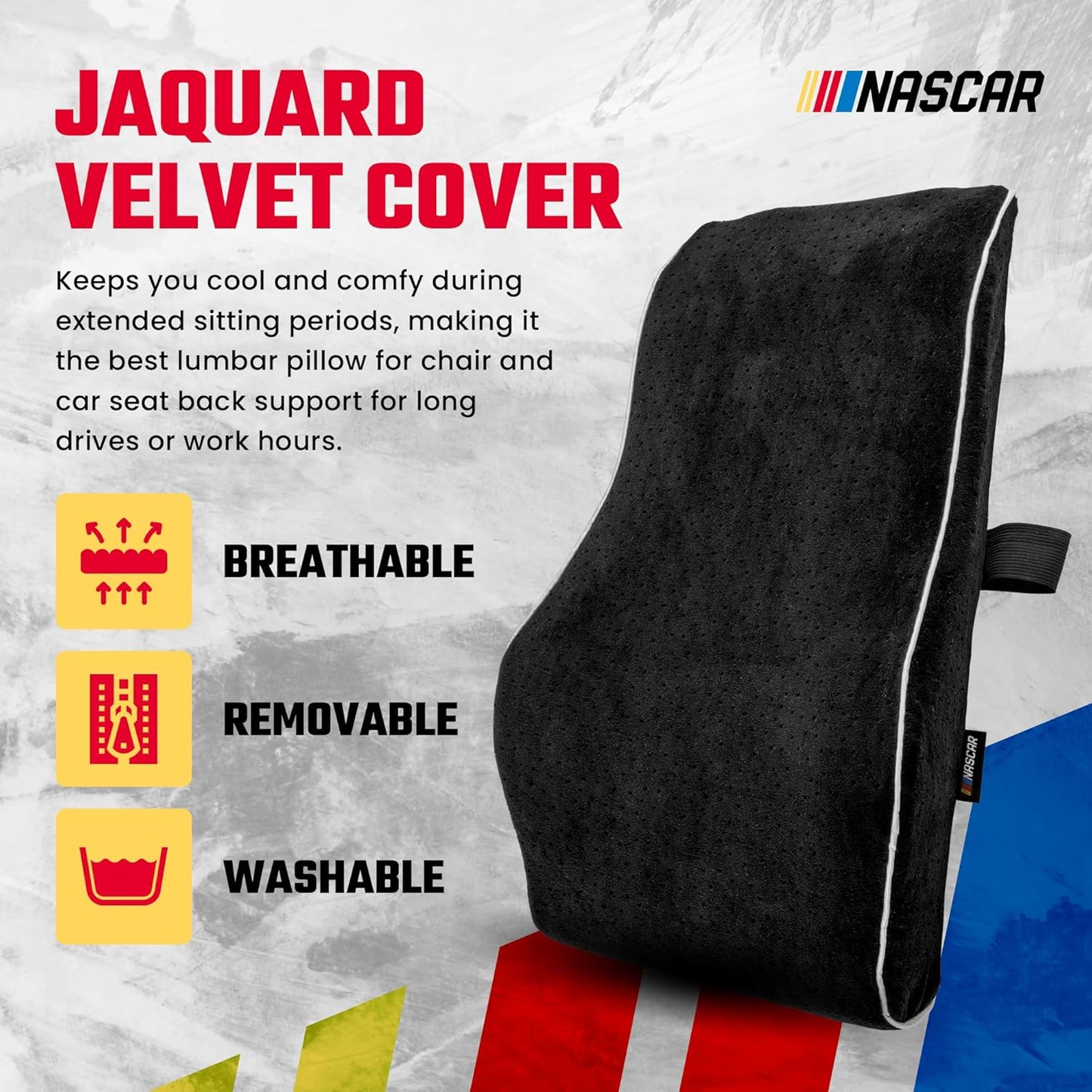 NASCAR Lumbar Support Pillow for Office Chair, Car, Gaming Chair, Home | Contoured Ergonomic Back Support | Premium Memory Foam | Breathable & Washable Jaquard Velvet Cover w/Adjustable Strap, Black