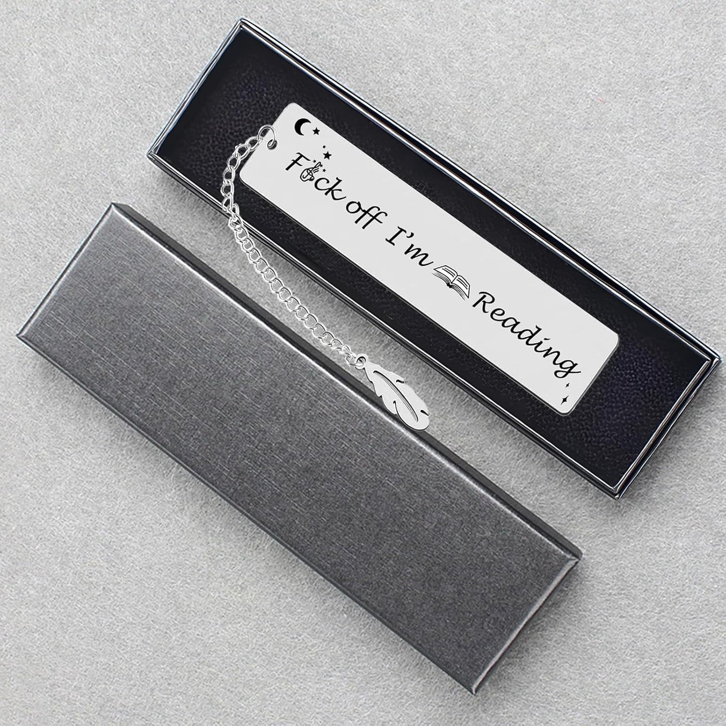 Metal Bookmark Gift, Engraved 'Fuck Off I'm Reading' Stainless Steel Leaf Pendant Book Mark, 1 Count, Silver