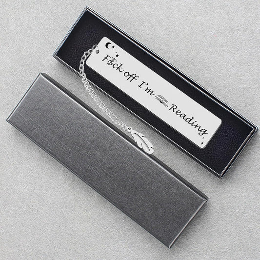 Metal Bookmark Gift, Engraved 'Fuck Off I'm Reading' Stainless Steel Leaf Pendant Book Mark, 1 Count, Silver