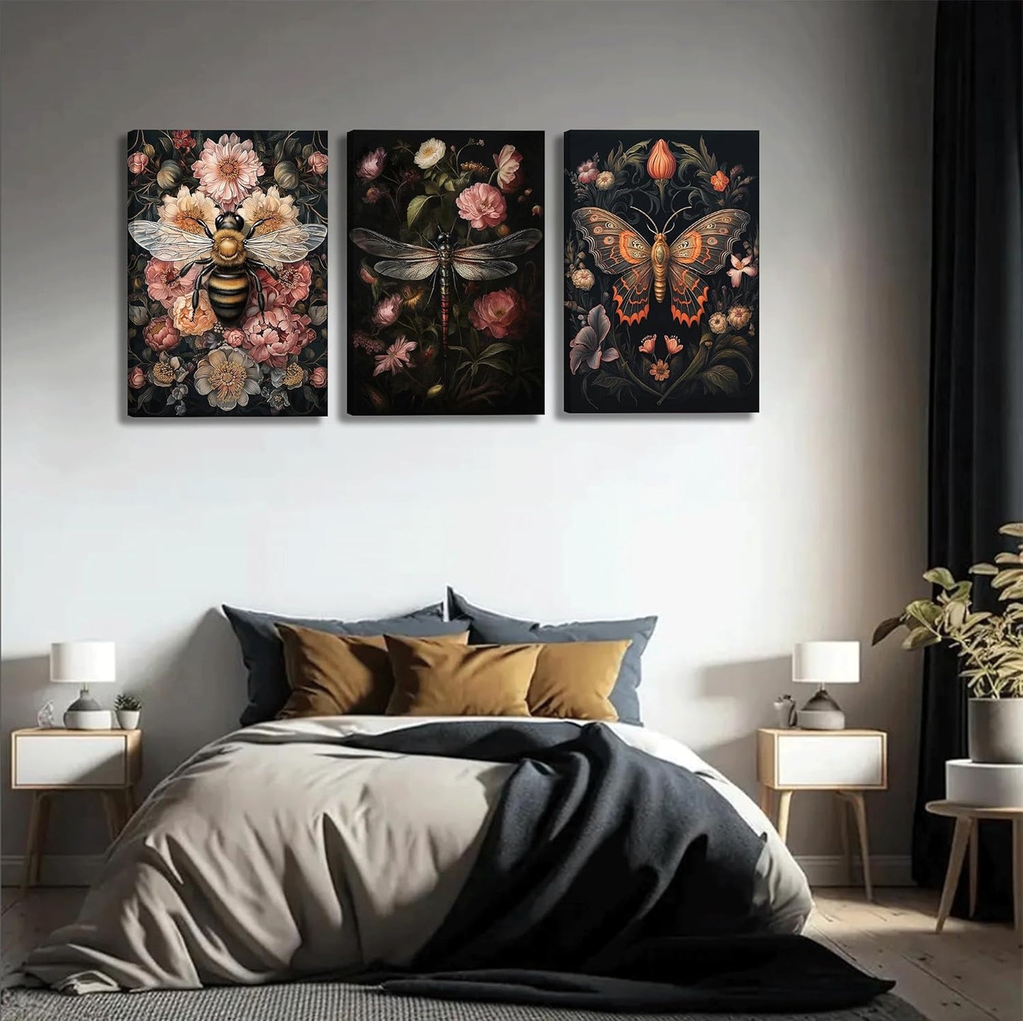 3pcs Dark Floral Canvas Wall Art Vintage Butterfly Dragonfly Bee Painting Picturts Wall Decor Gothic Dark Academia Aesthetic Posters Print Artwork for Bedroom Living Room Home Decoration 12x16in
