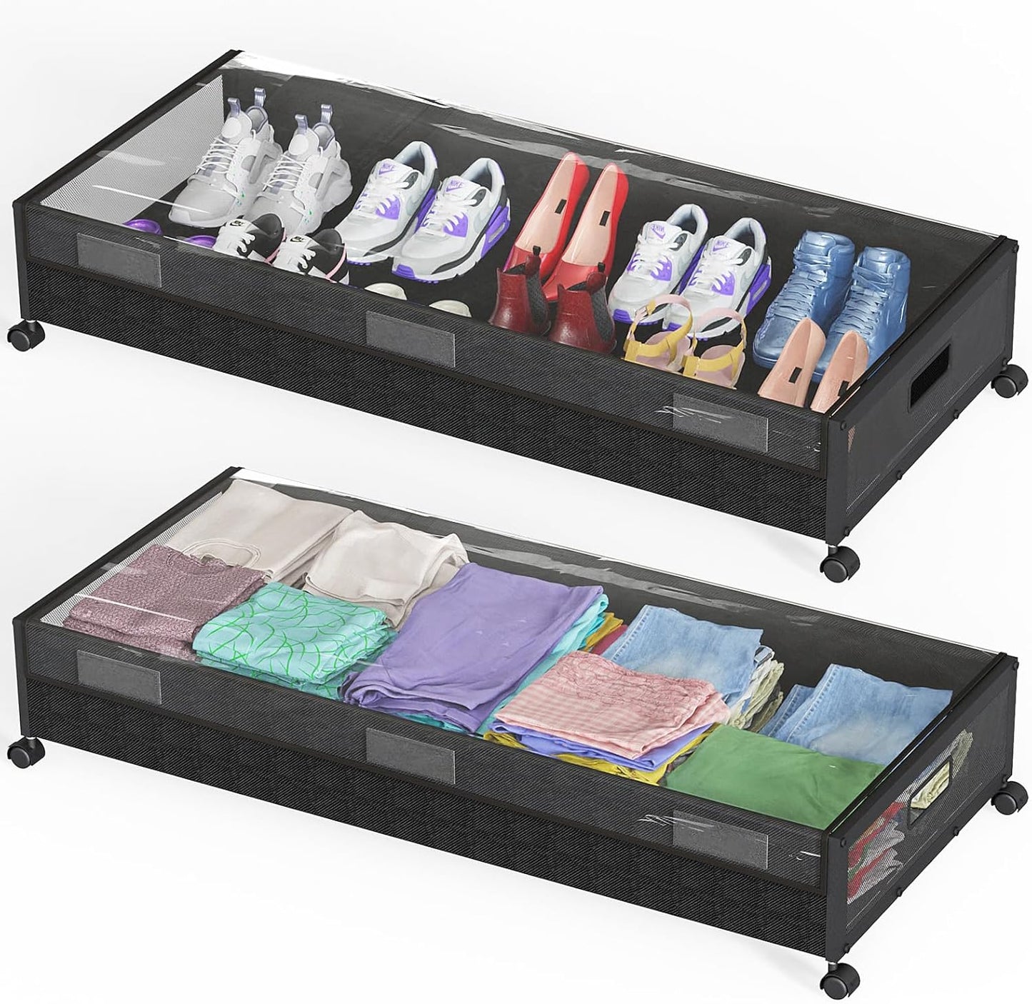 oylik Large Under Bed Storage with Wheels, Metal Under Bed Storage Containers with Clear Lid, Handle, Rolling Under Bed Shoe Storage Drawers, Under Bed Storage Bins for Clothes Shoes Books, 2 Pack