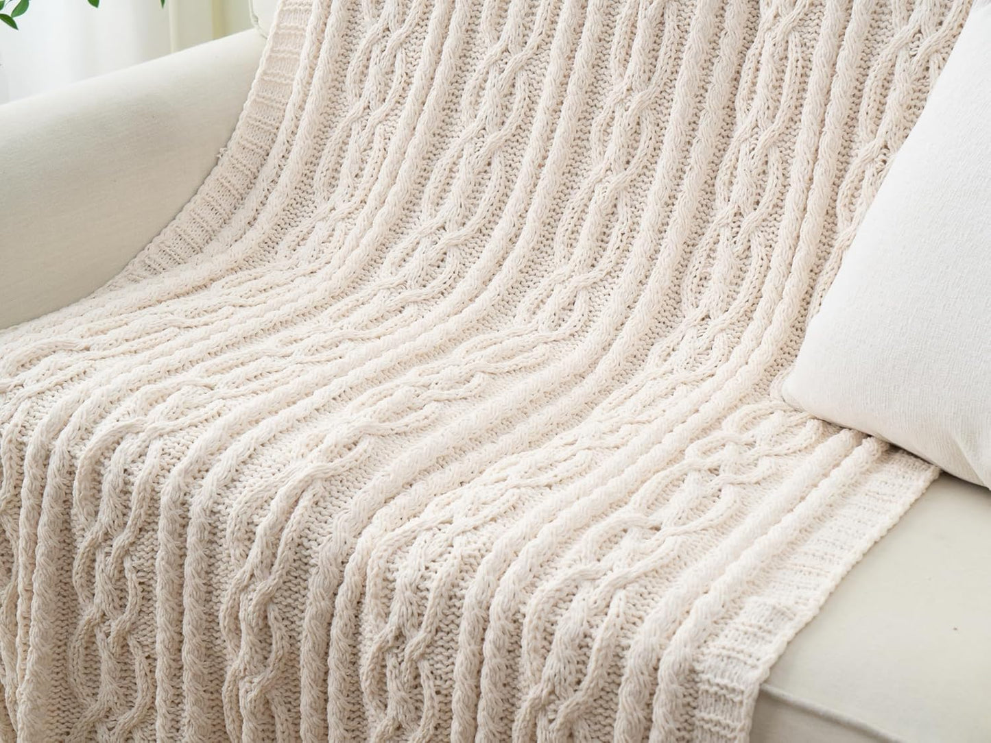 Battilo Cream White Ivory Throw Blanket for Couch, 51x 67 Inch, Woven Chenille Knit Throw Blanket for Chair, Super Soft Warm Decorative Textured Throw Blanket for Bed, Sofa and Living Room.