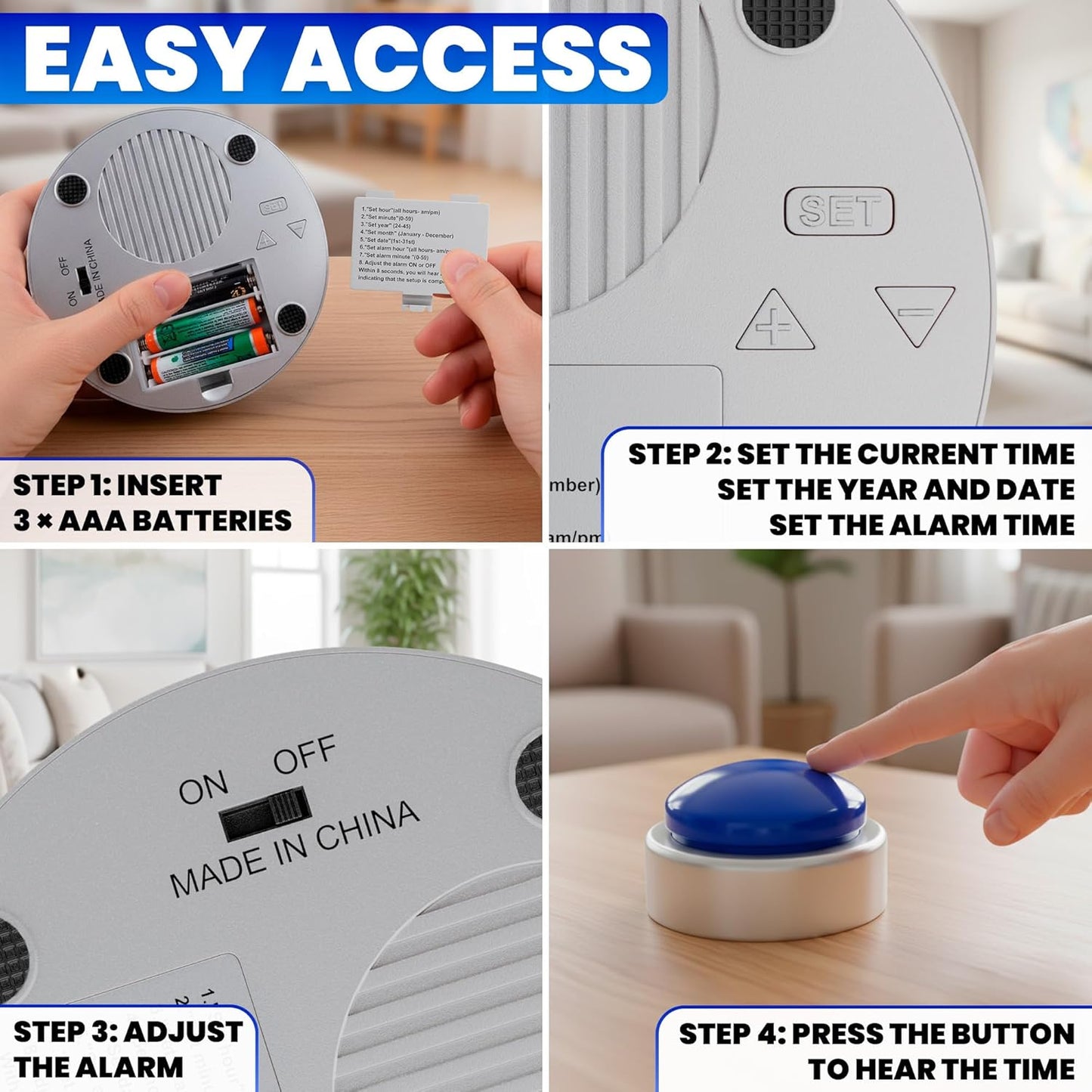 Talking Clock for Blind Elderly with English Voice & Alarm – Easy-to-Use Voice Announced Time & Date Talking Watches for the Blind | Big Button Interface, High/Low Volume, Gift for Elderly Loved Ones