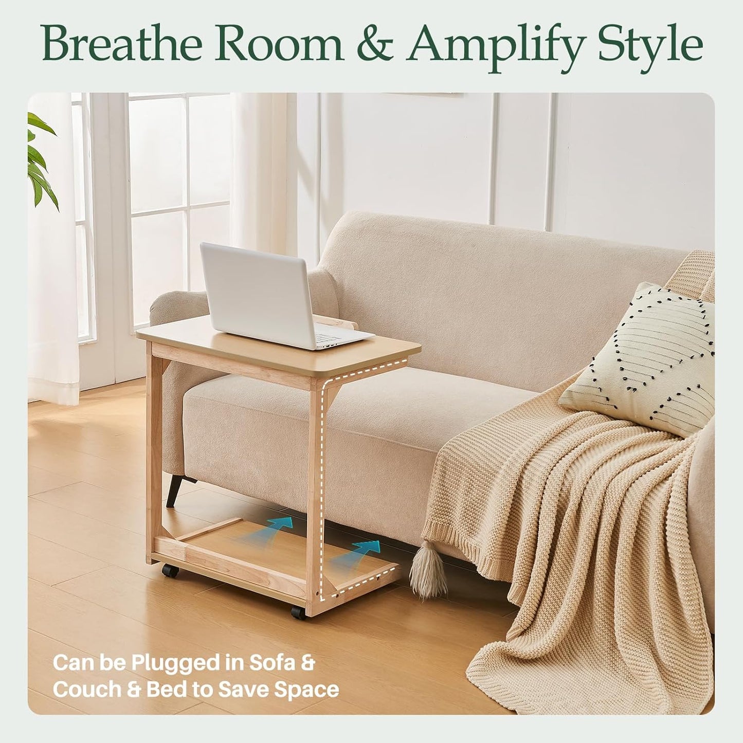 C-Shaped End Table with Wheels - Solid Wood C Shape Rolling Side Table for Couch, Wooden Tv Tray Under Bedside Tables for Sofa Living Room Bedroom, Natural, 15.7 in x 23.6 in x 24.8 in
