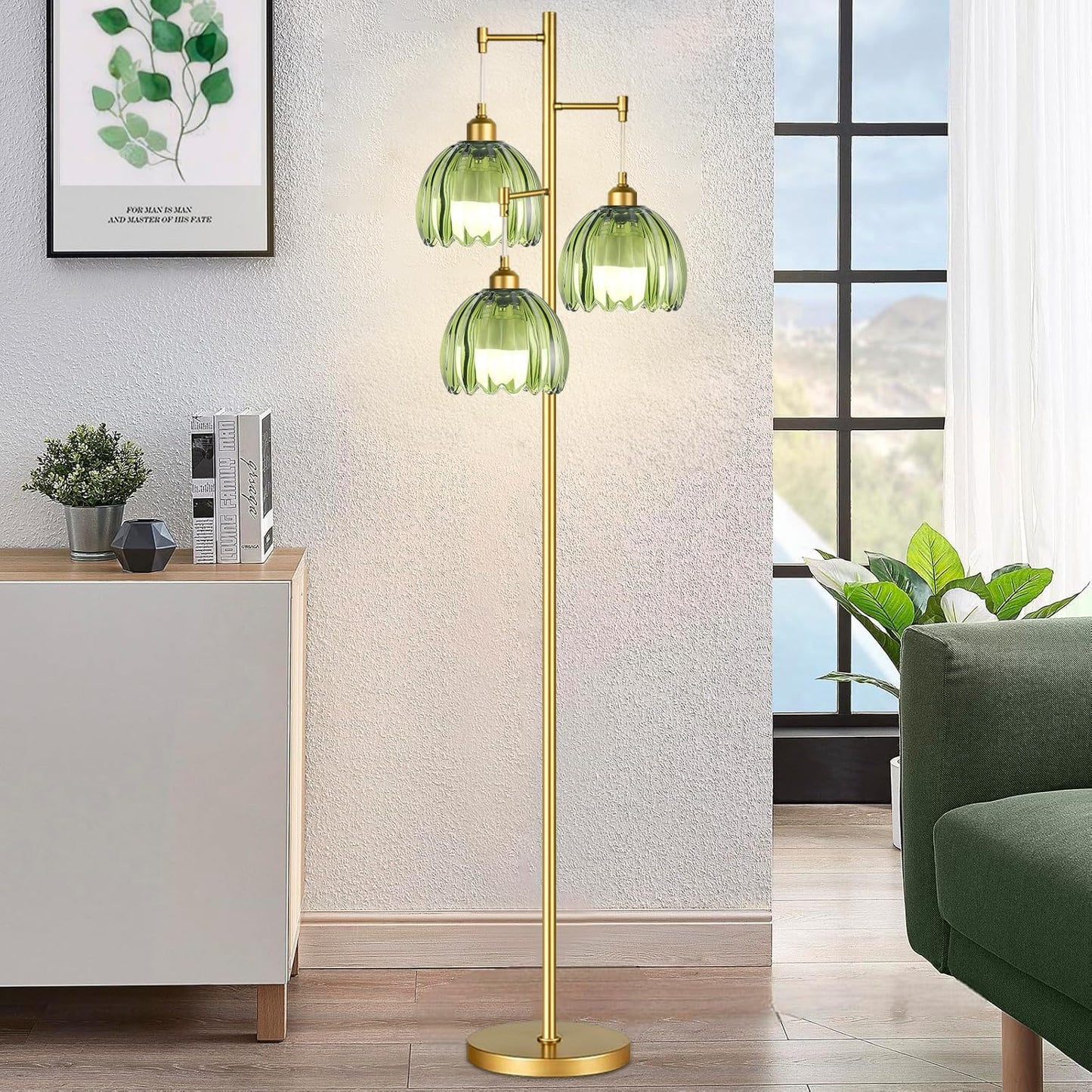 Gold Floor Lamps for Living Room Bedroom-3 Light Glass Floor Lamp with Three Led Bulb, Rustic Tall Floor Lamp Gold Standing Lamp Tree Floor Lamps for Living Room Bedroom,Office,Corner