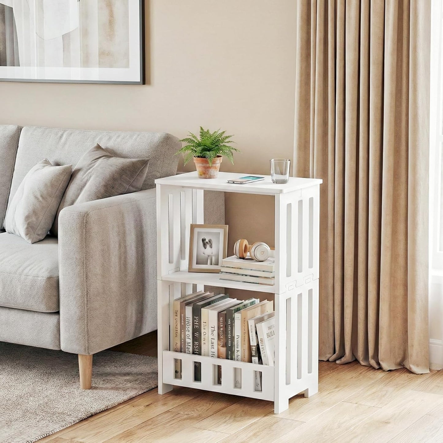 3 Tier Side Table Night Stand, Narrow End Table with Display Shelf, Small Bookcase Bookshelf, Simple Bedside Table Storage Rack for Bedroom, Living Room, Office, Bathroom, White