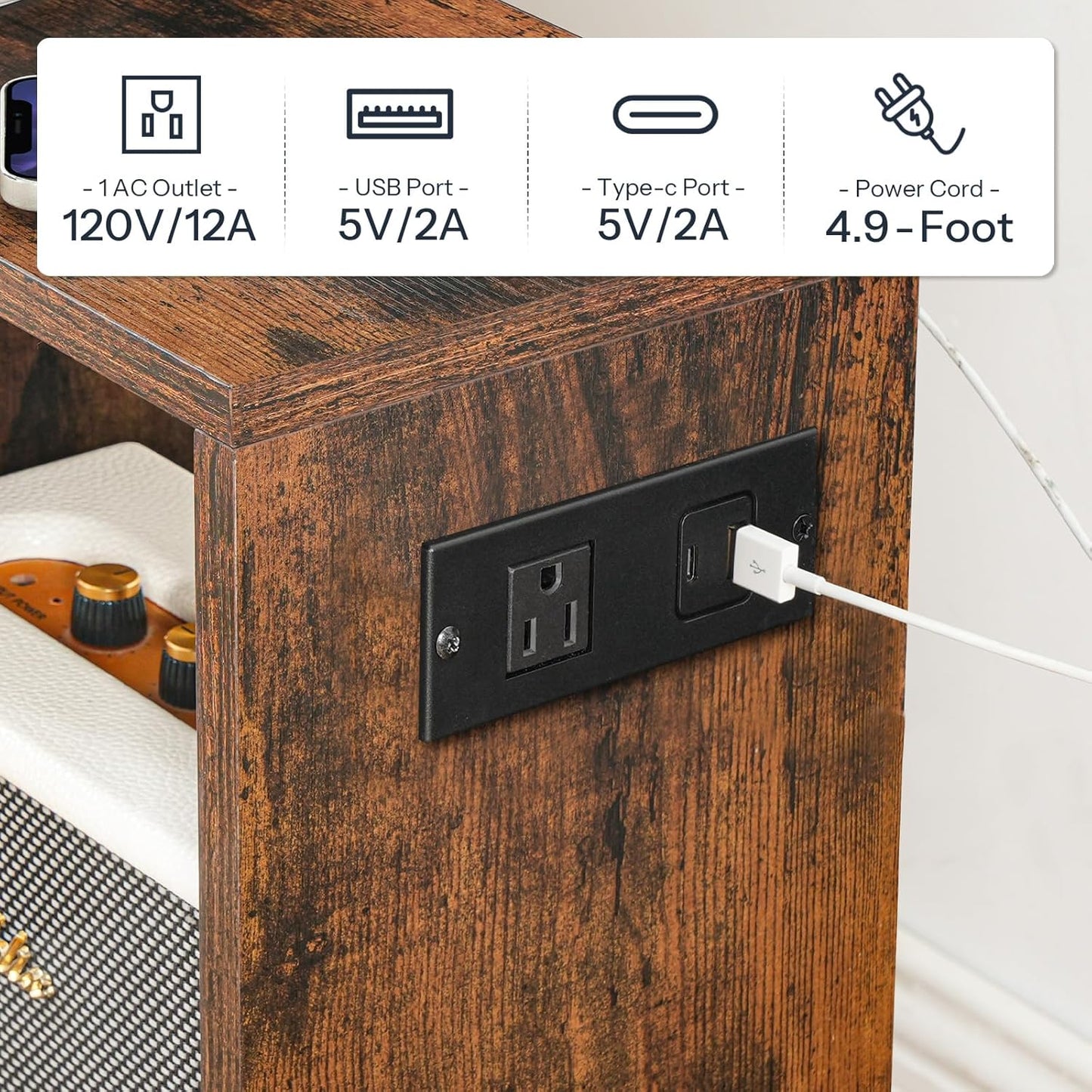 HOOBRO Narrow Side Table with Charging Station, S-Shaped Slim End Table Geometric Bookshelf, with Open Storage, for Small Space, Living Room, Bedroom, Rustic Brown FG137UBZ01