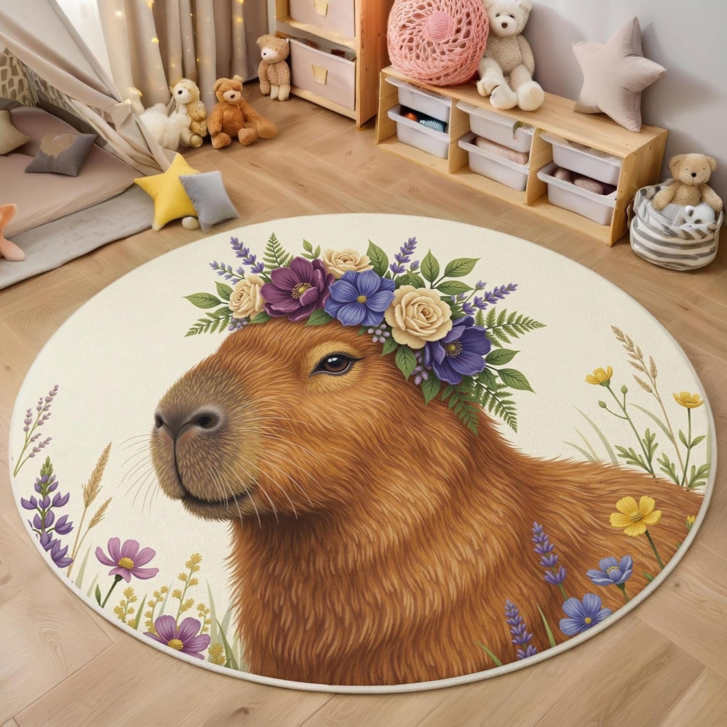 Round Rug for Kids Room, Country Style Floral Capybara Round Rugs 6Ft, Natural Animals Circle Rug, Beige Brown Washable Circle Carpet for Living Room Bedroom, Non Slip Low Pile Thin Area Rugs