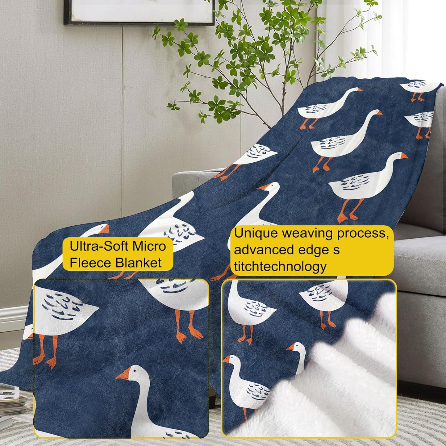 Goose Fleece Blanket Gifts for Kids and Adults, Cute Animal Cozy Throw Blankets, Soft Warm Plush Goose Blanket with White Geese Pattern for Home Decor, 50x60 inches