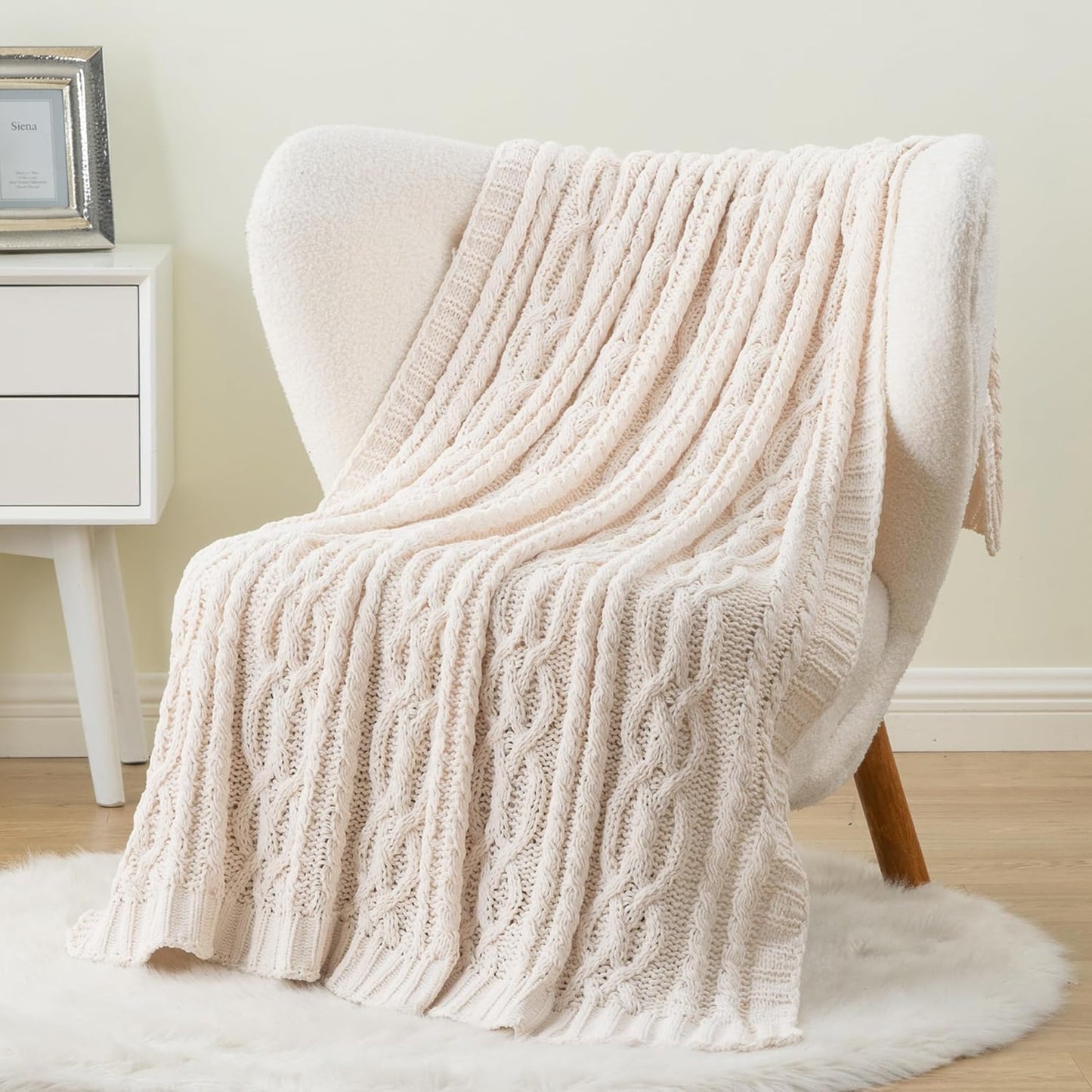 Battilo Cream White Ivory Throw Blanket for Couch, 51x 67 Inch, Woven Chenille Knit Throw Blanket for Chair, Super Soft Warm Decorative Textured Throw Blanket for Bed, Sofa and Living Room.