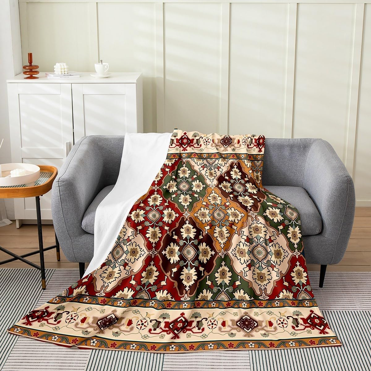 Erosebridal Boho Floral Blanket Throw 50x60 Inch, Retro Flower Grid Throw Blanket, Tribal Fashion Bohemian Tribal Lacy Fleece Blanket, Kids Vintage Antique Lattice Damask Paisley Flannel Blanket
