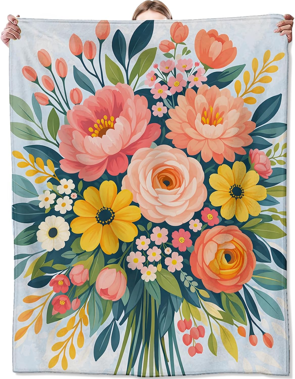 Colorful Floral Flannel Blanket, Soft Cozy Throw with Vibrant Flower Botanical, Bright Home Bedroom Decor and Gifts for Women Kids Girls, Lightweight Blankets for All Seasons, 50x60 Inch