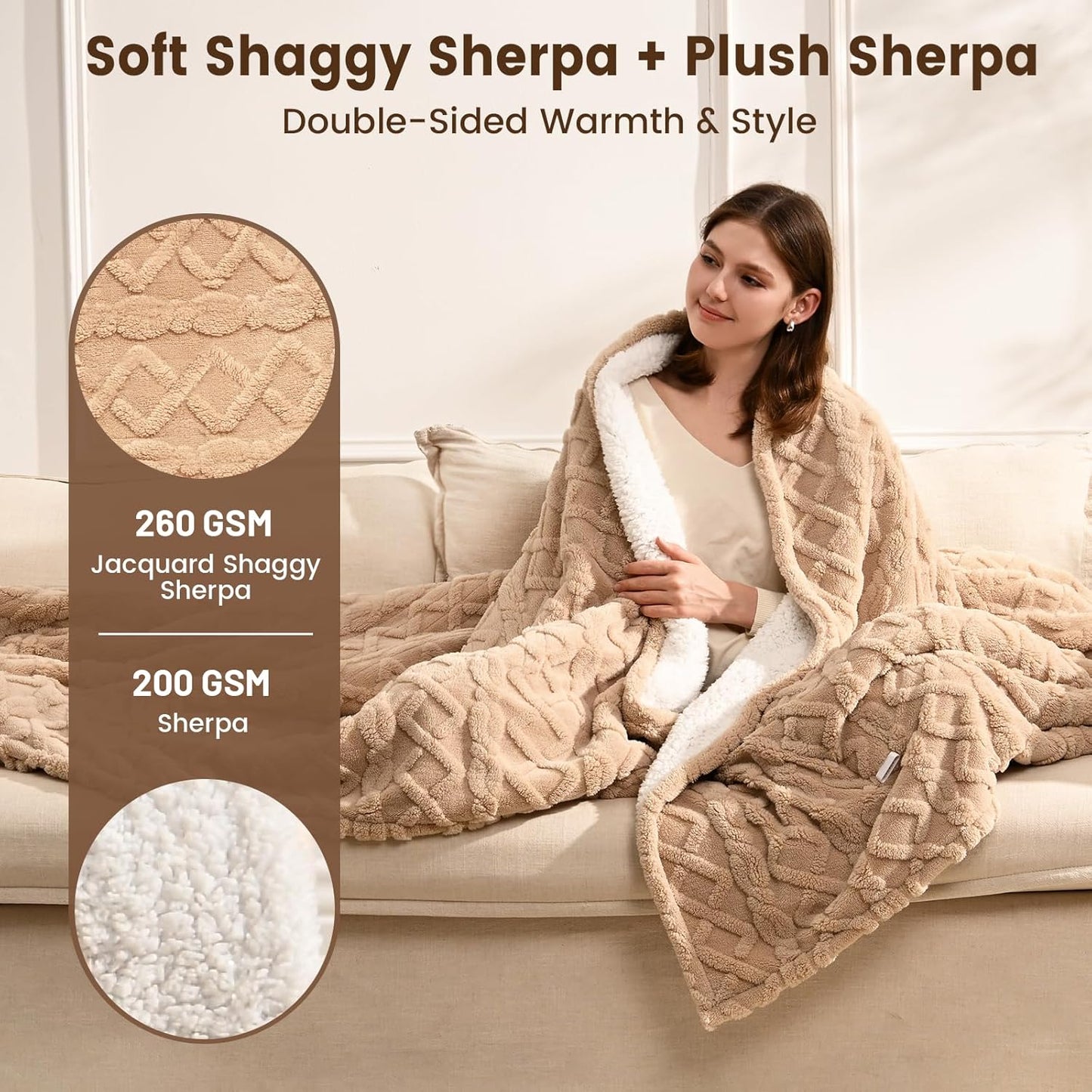 Heated Throw Blanket Electric 50"x60" - Soft Sherpa Throws with 9 Heat Levels and 1-10 Hour Timer, Machine Washable, Cozy Couch Blanket for Home & Office, Christmas & House Warming Gifts - Beige