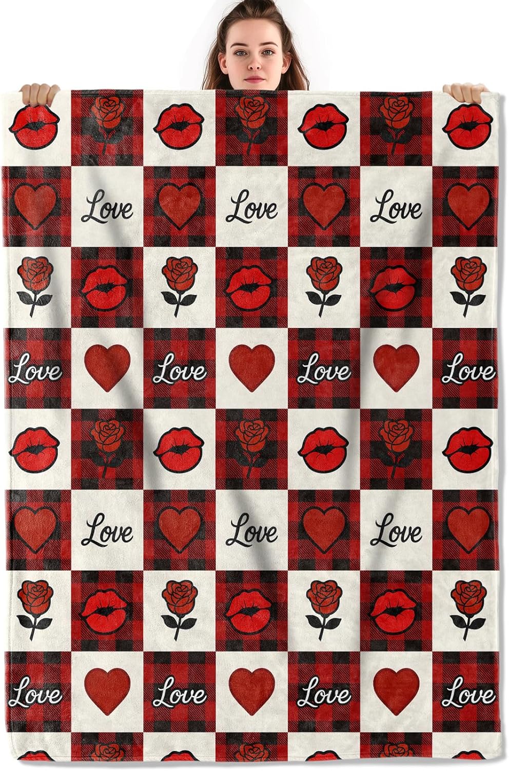 Romantic Love Throw Blanket, Lightweight Warm Red Black Buffalo Plaid Heart and Lips Flannel Blanket with Rose, Home Decor and Gifts, Soft Cozy Blankets for Women Couples, 50"x60" for Bed Couch Travel