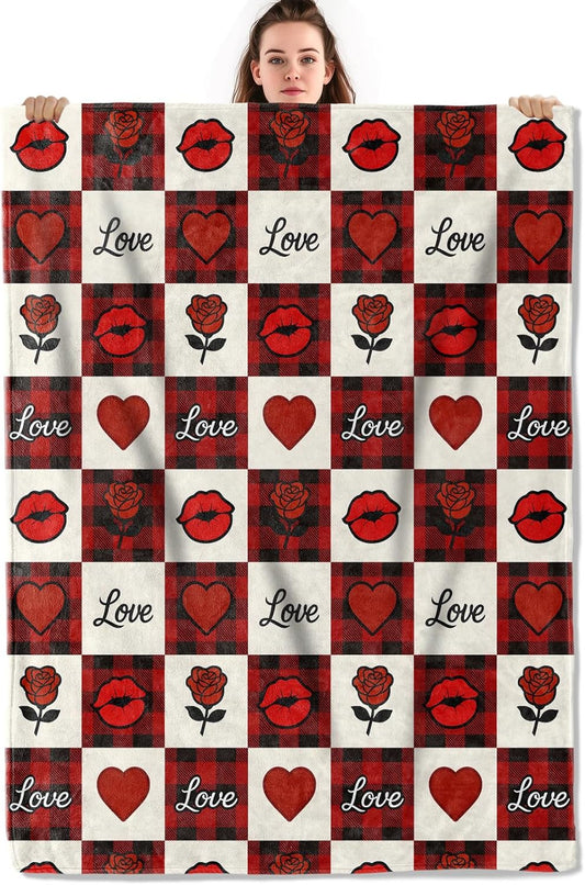 Romantic Love Throw Blanket, Lightweight Warm Red Black Buffalo Plaid Heart and Lips Flannel Blanket with Rose, Home Decor and Gifts, Soft Cozy Blankets for Women Couples, 50"x60" for Bed Couch Travel