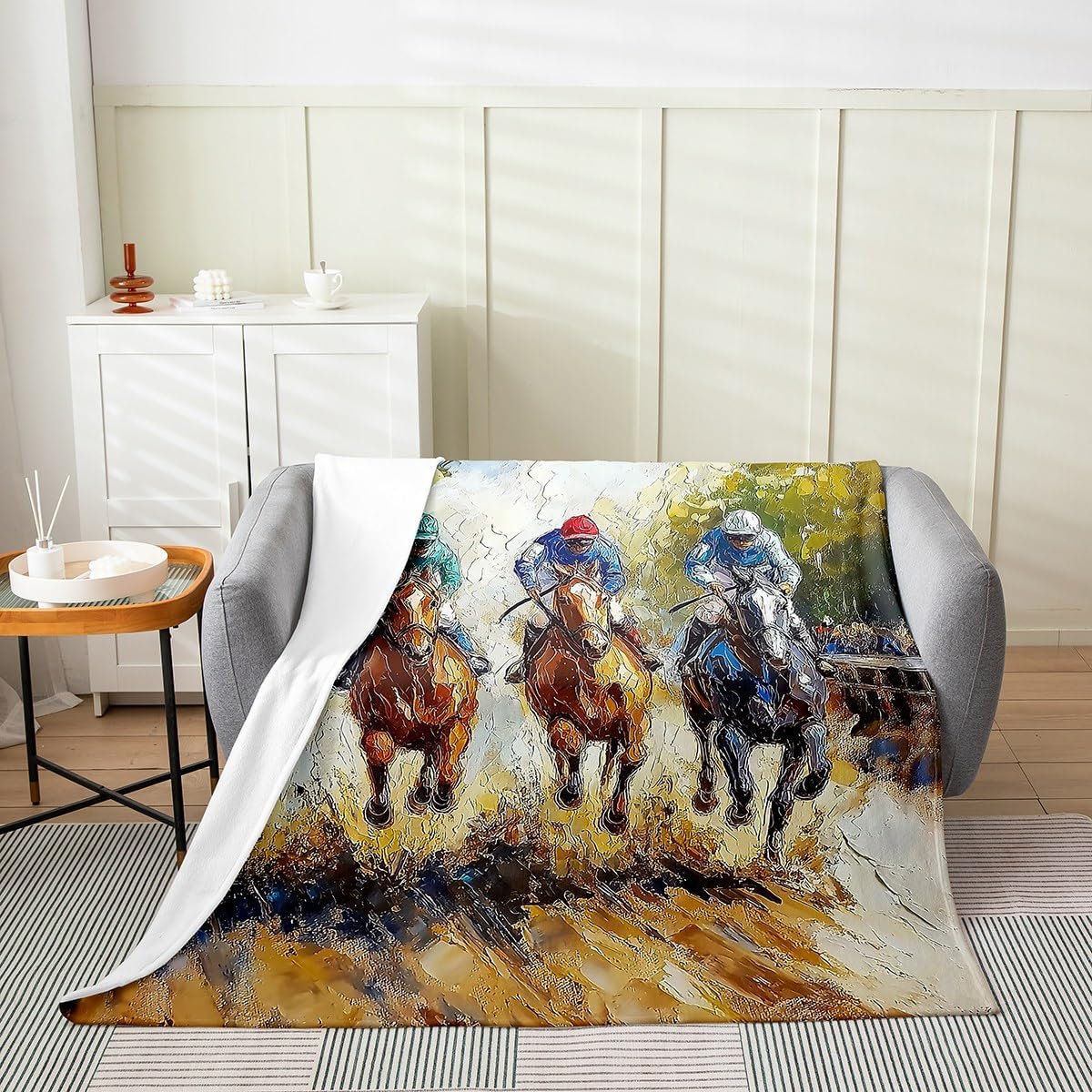 Erosebridal Racing Horse Fleece Blanket Throw 50x60 Derby Sport Theme Flannel Blanket for Boys Men Farmhouse Western Cowboy Fuzzy Plush Throw Galloping Horse Wildlife Equestrian Pattern,Brown