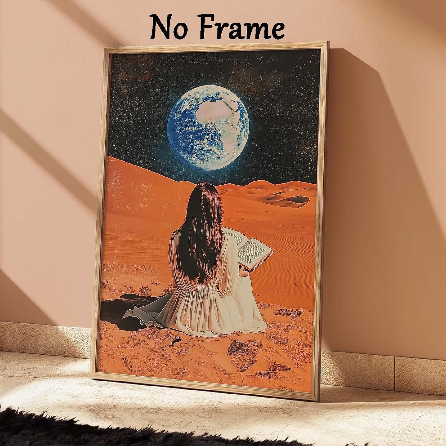 Vintage 70s Wall Art Woman Reading Book Canvas Retro Surreal Collage Poster Trippy Alien Wall Art Vintage Bar Cart Pictures Egoless Aesthetic Posters Retro Trendy Woman Moon Print 16x24inch No Frame