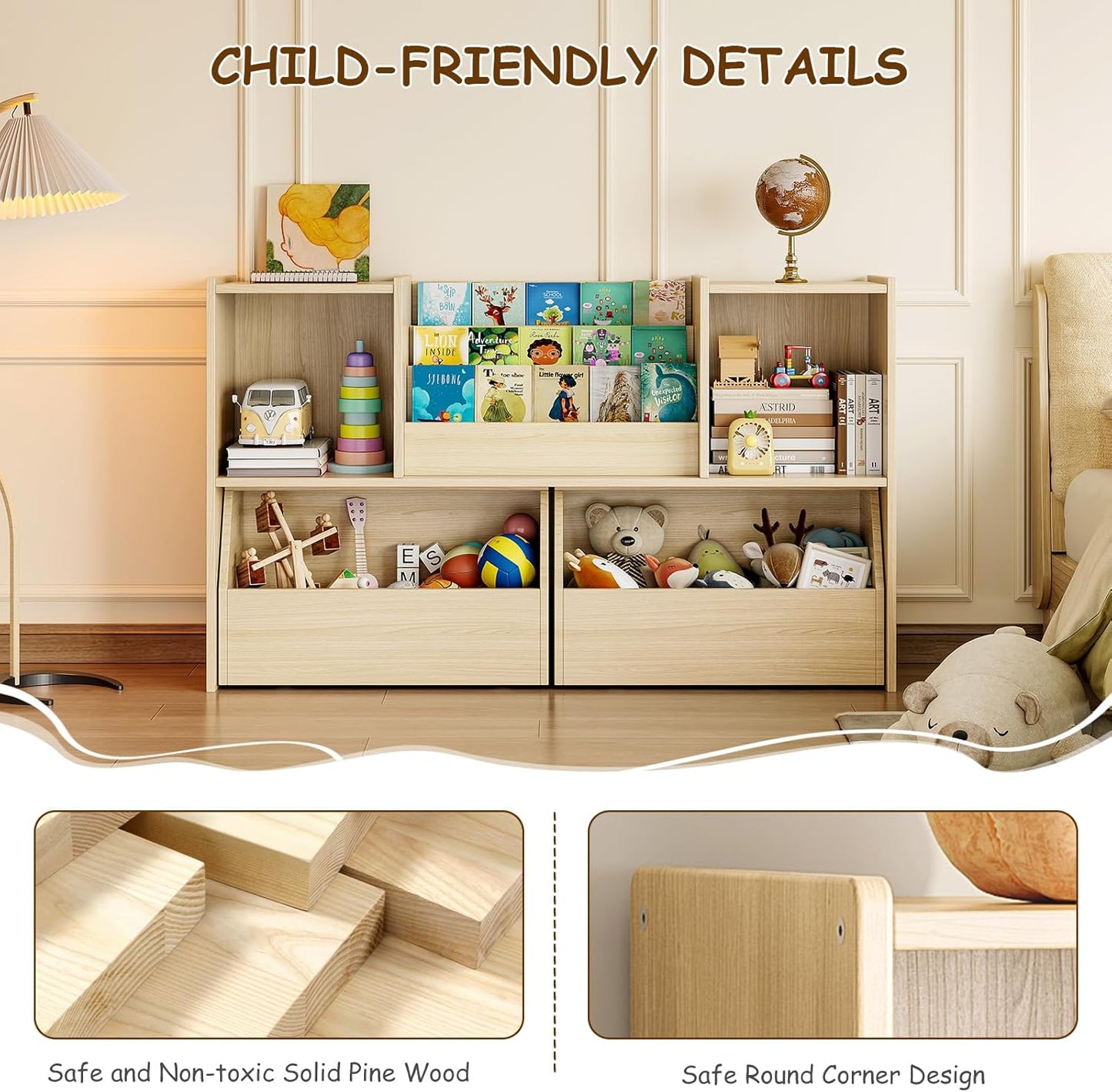 Kids Bookshelf and Toy Storage, 2-Tier Toddler Bookshelf with Storage Cubbies and 2 Movable Drawers on Wheels, Toy Storage Organizer, Montessori Bookcase for Kids Room, Playroom, Nursery