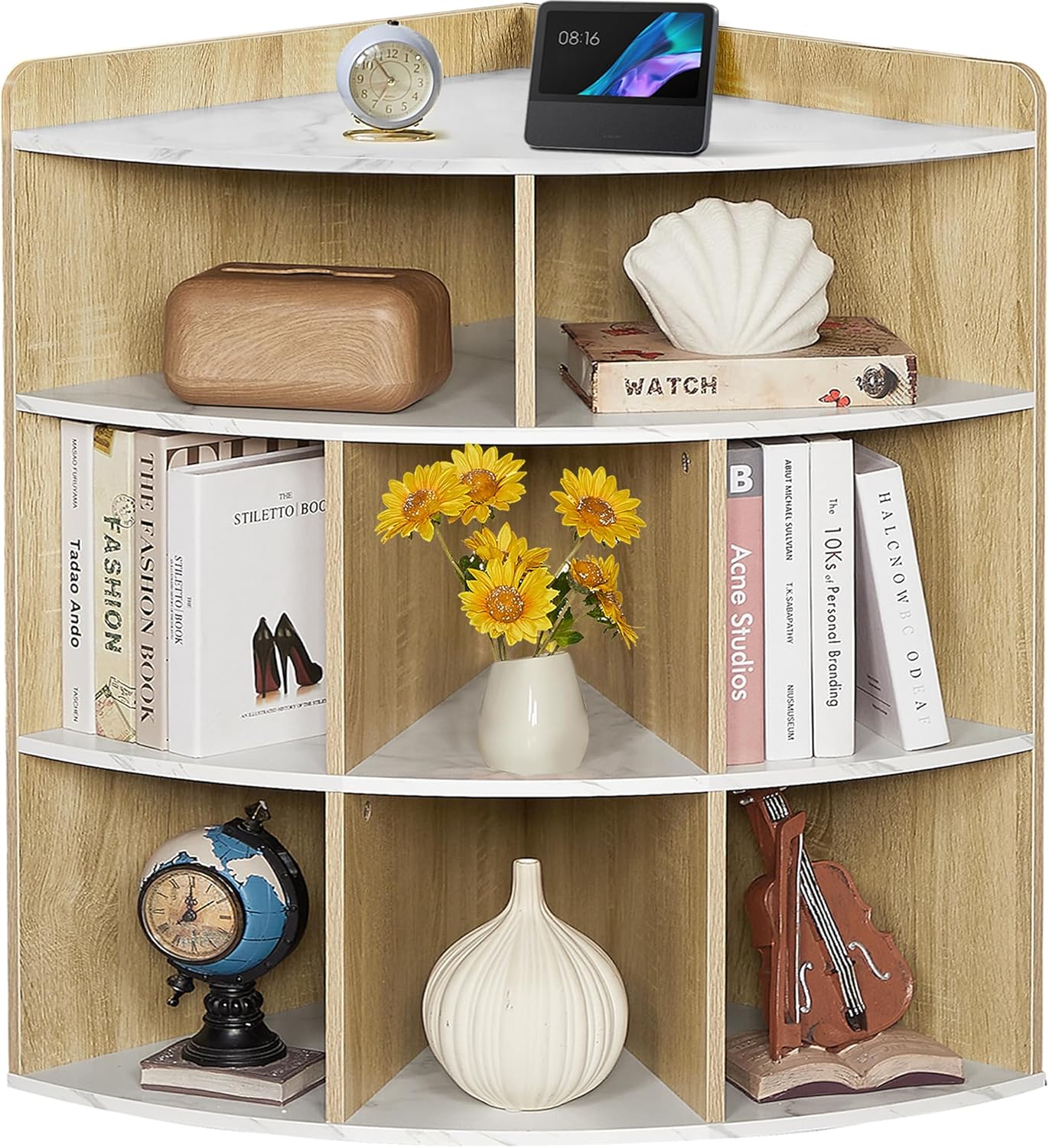 VECELO 3-Tier Corner Cabinet with 8 Cubbies, Wooden Cube Storage Organizer, Modern Bookshelf Units for Playroom, Bedroom, Living Room, Marble White