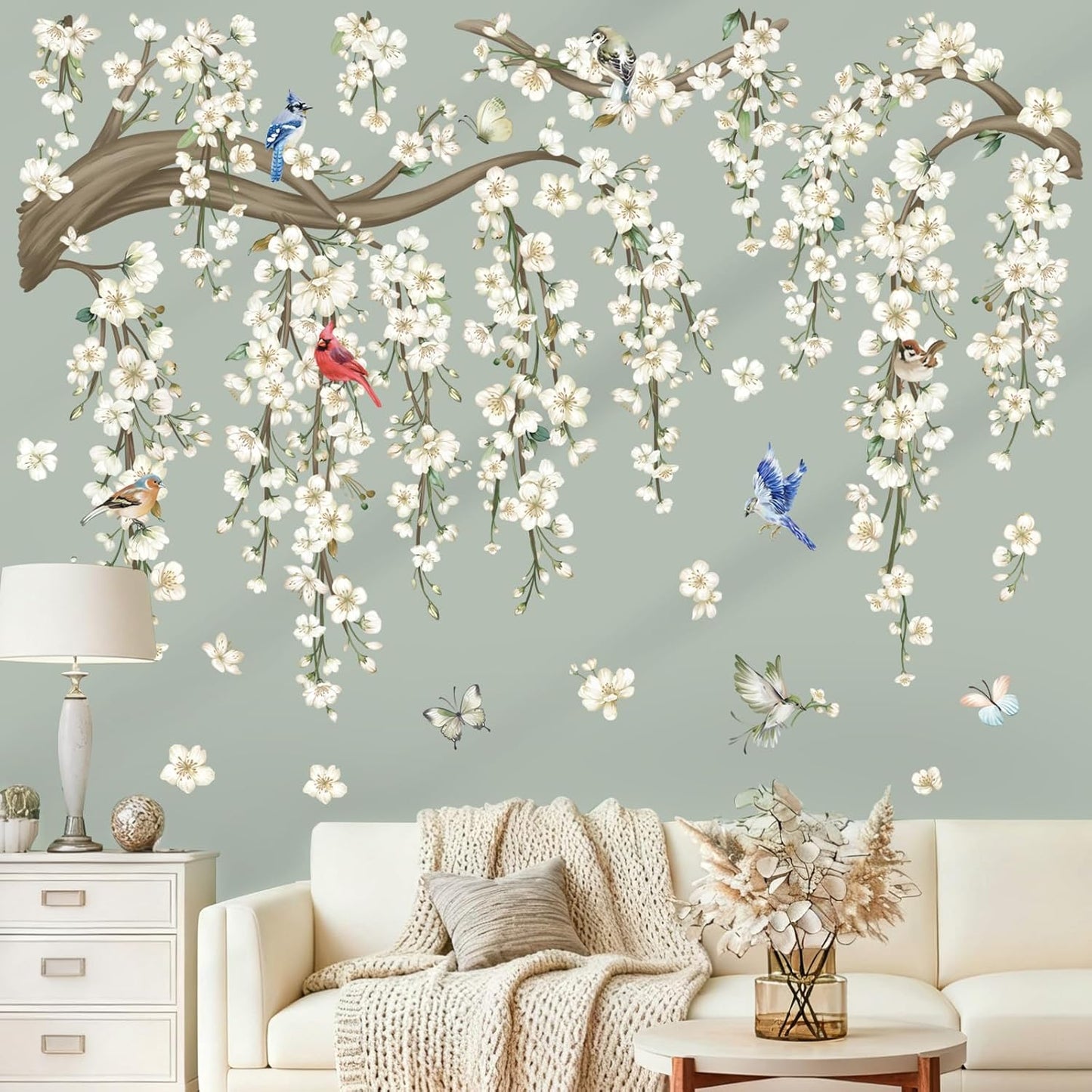 wondever Large Hanging Flower Vine Wall Stickers White Cherry Blossom Tree Branch Peel and Stick Wall Art Decals for Living Room Bedroom Sofa Background