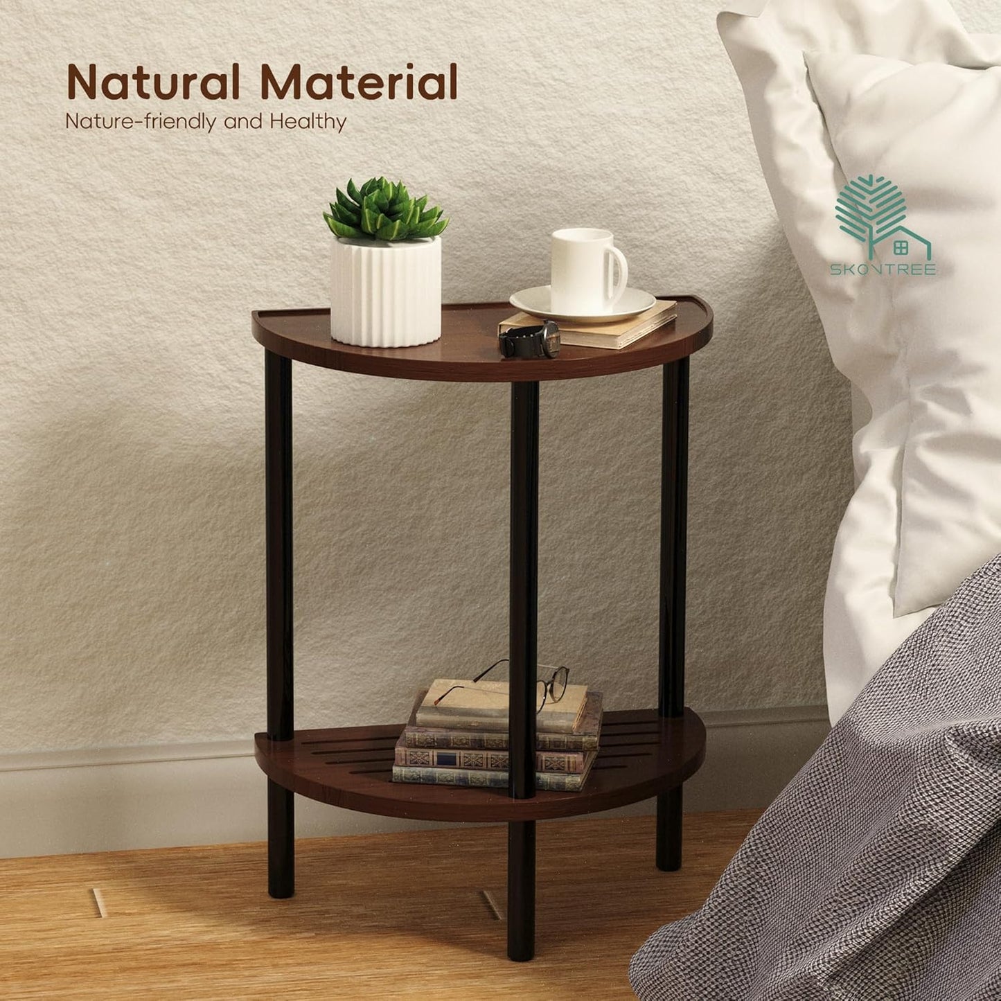 End Table, Half Moon Side Tables, Living Room Half Round 2 Tier Tables, NightStand for Small Space in Living Room Bedroom, Couch Tables with Storage Shelf, Boho Side Table (Brown)