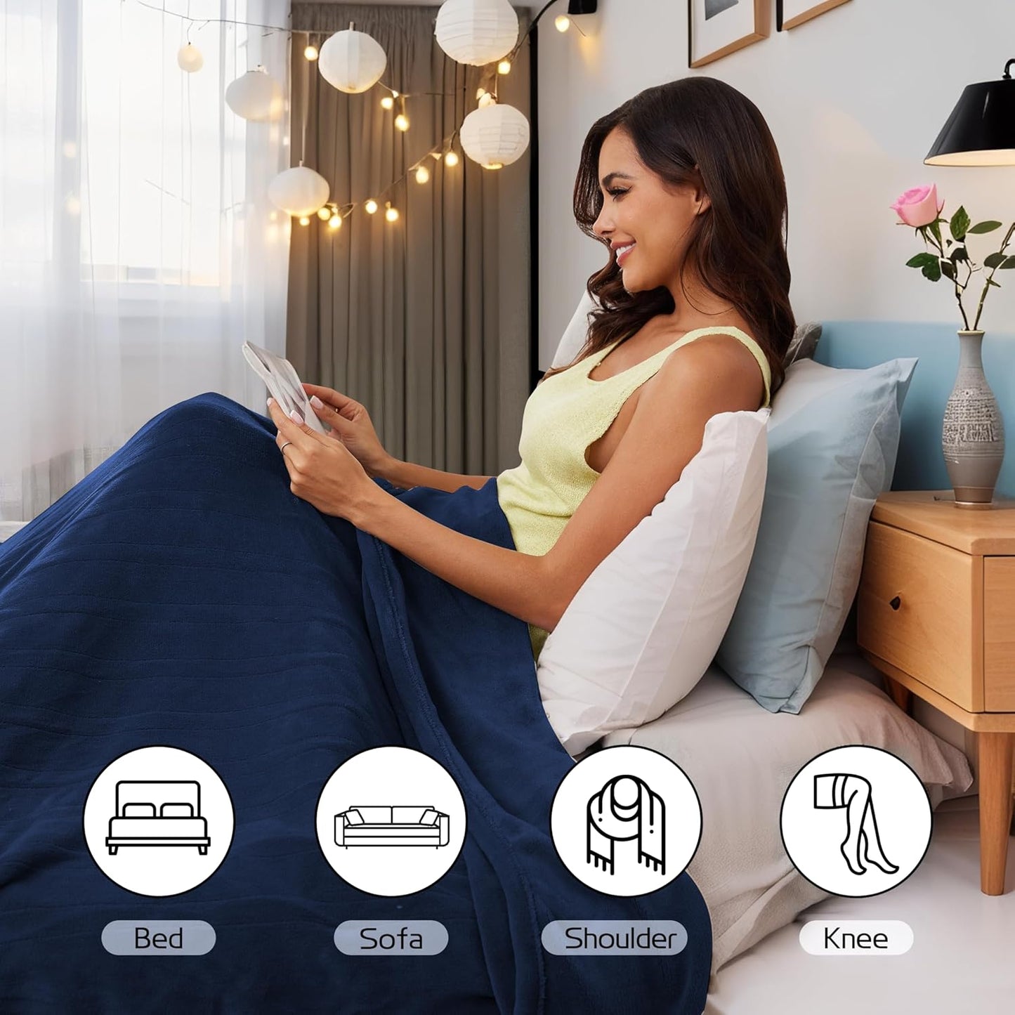 Electric Heated Blanket 90"x100" King Size, Soft Coral Fleece, Dual Controllers with 4 Heating Levels and 10 Hours Auto-Off, Machine Washable, Cozy Plush Fabric for Home, Dark Blue