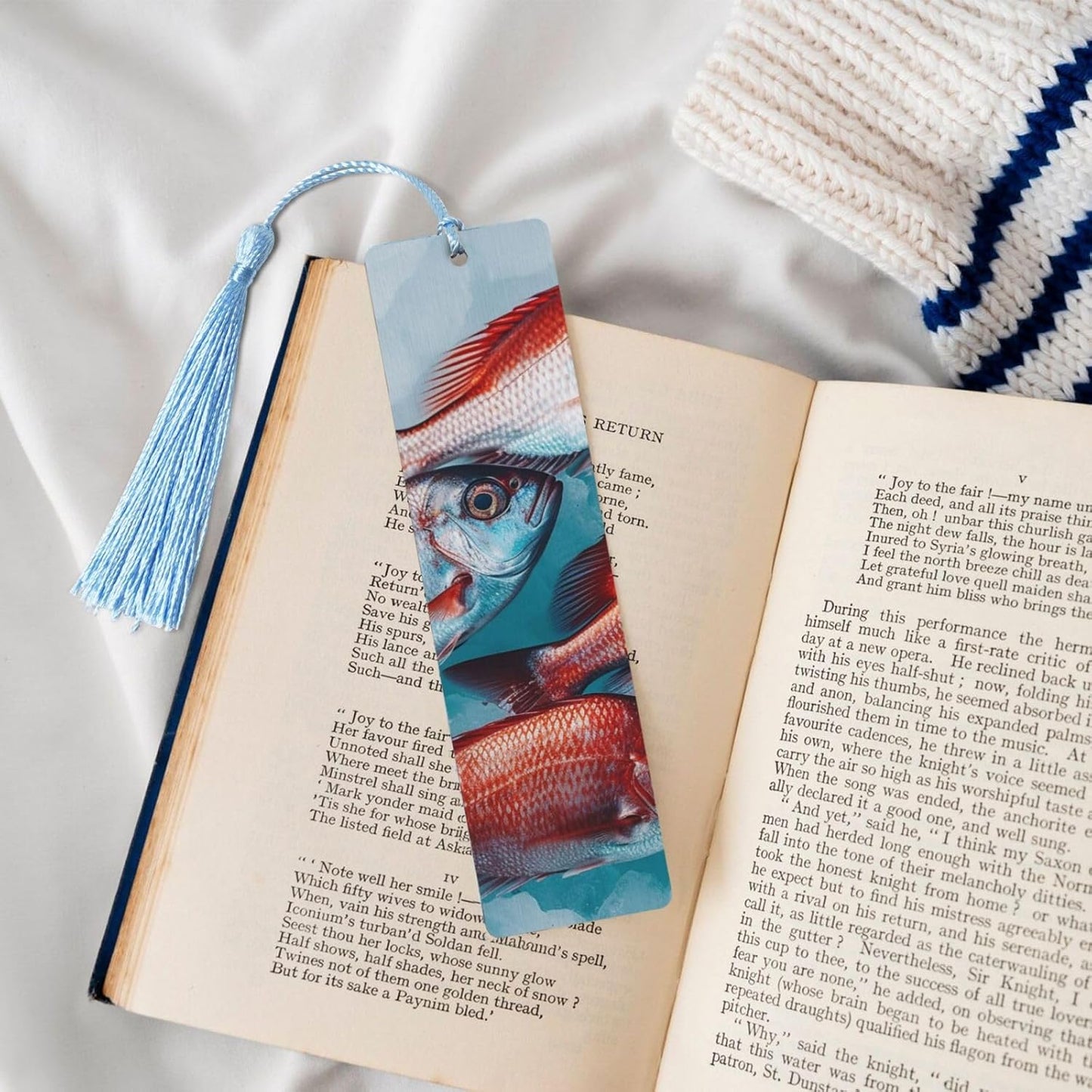 Little Red Fish Bookmarks Gifts for Women Men, Wooden Bookmarks for Book Lovers, Vintage Book Marks Ornaments with Tassel, Unique Personalized Reading Page Markers Sky Blue