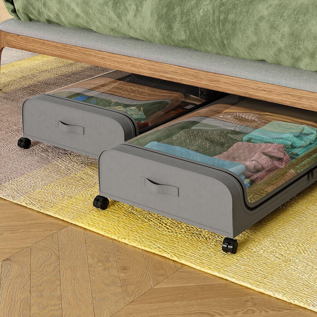 PRETYZOOM Bed Storage Cart with Wheels and Lid Gray Plastic Underbed Storage Box for Clothes and Bedding Organizer